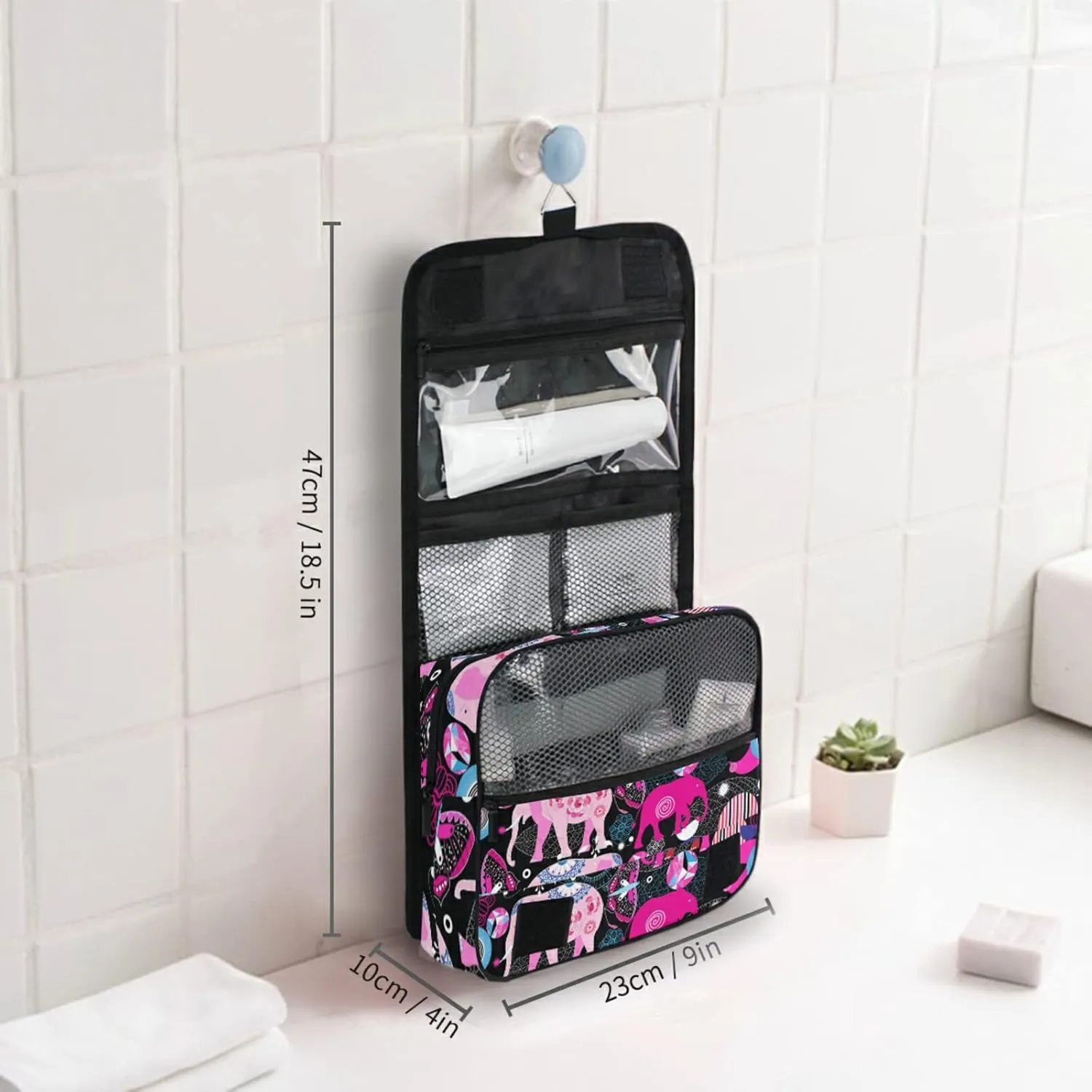 Seamless Bright Colorful Pink Elephants Leaves Flowers on Dark Hanging Wash Gargle Toiletry Bag Travel Cosmetic Makeup Case Organizer Storage Large Portable