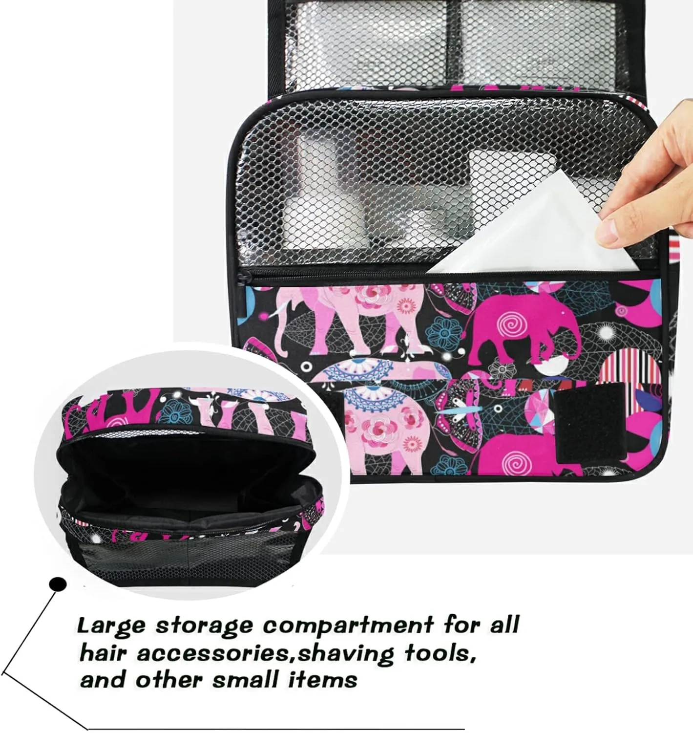 Seamless Bright Colorful Pink Elephants Leaves Flowers on Dark Hanging Wash Gargle Toiletry Bag Travel Cosmetic Makeup Case Organizer Storage Large Portable