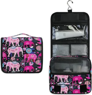 Seamless Bright Colorful Pink Elephants Leaves Flowers on Dark Hanging Wash Gargle Toiletry Bag Travel Cosmetic Makeup Case Organizer Storage Large Portable