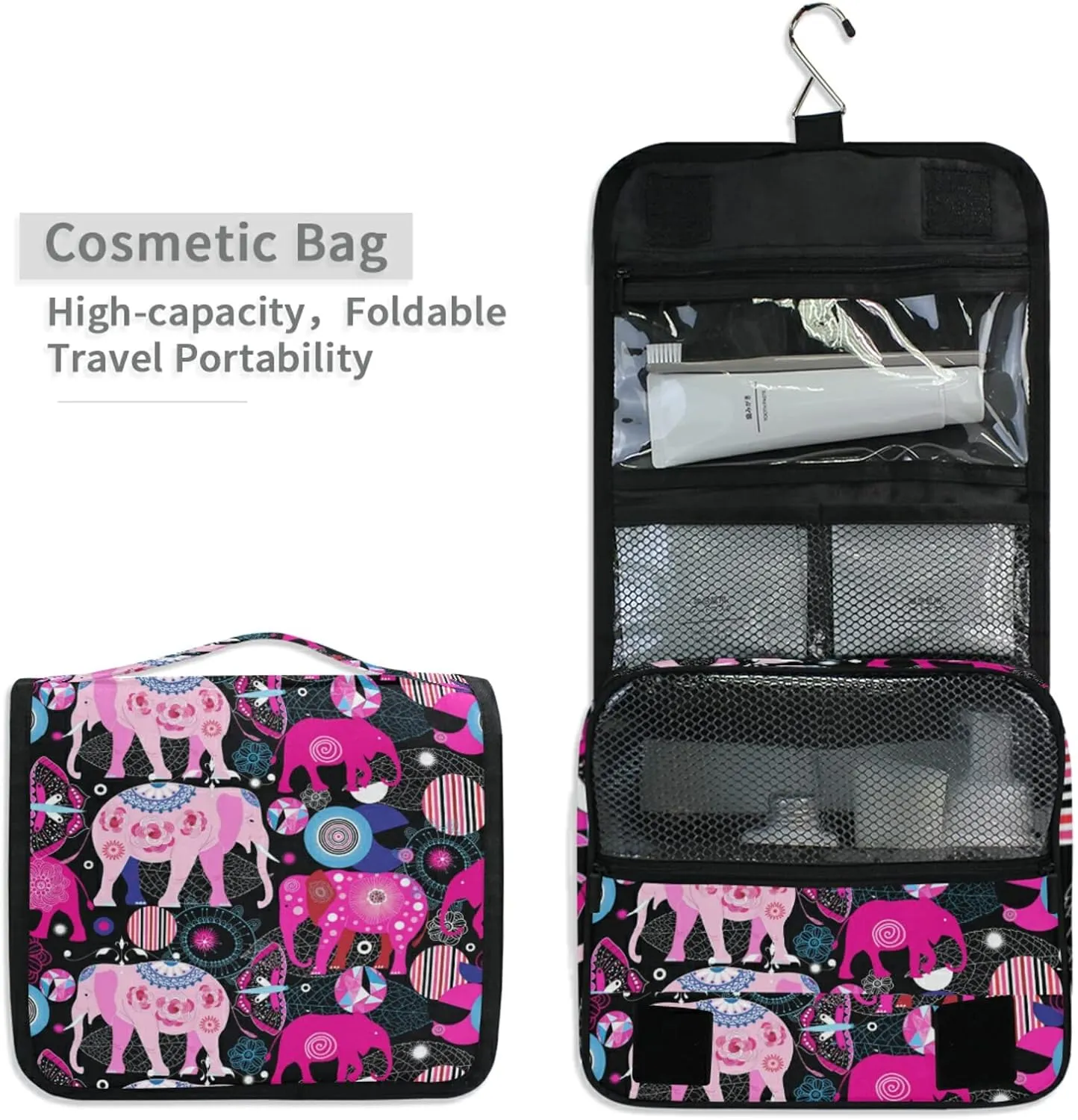 Seamless Bright Colorful Pink Elephants Leaves Flowers on Dark Hanging Wash Gargle Toiletry Bag Travel Cosmetic Makeup Case Organizer Storage Large Portable