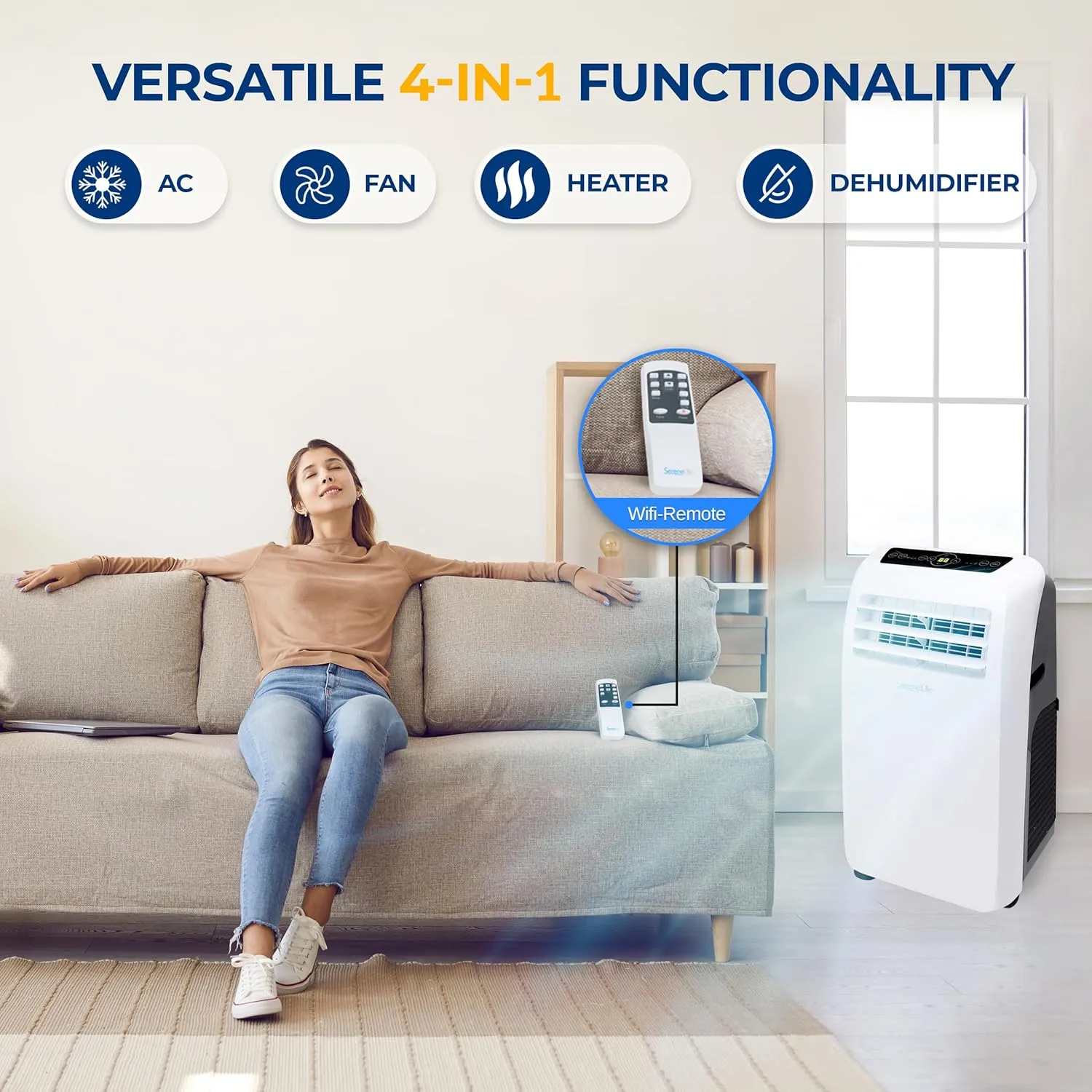 SereneLife Small Air Conditioner Portable 12,000 BTU with Built-in Dehumidifier   Heat - Portable AC unit for rooms up to 550 sq ft - Remote Control, Window Mount Exhaust Kit