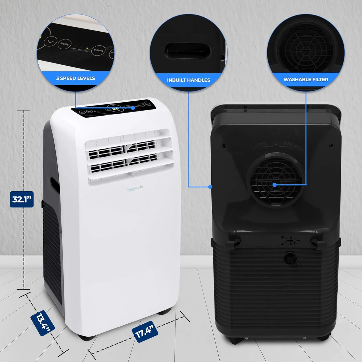 SereneLife Small Air Conditioner Portable 12,000 BTU with Built-in Dehumidifier   Heat - Portable AC unit for rooms up to 550 sq ft - Remote Control, Window Mount Exhaust Kit