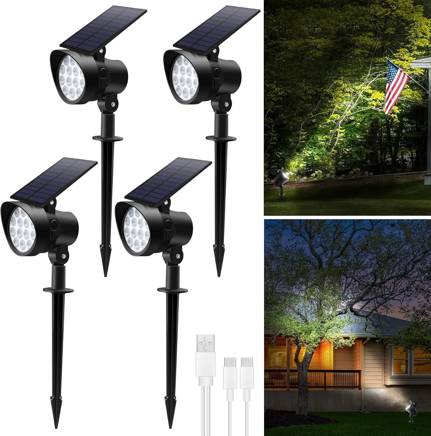 Solar Landscape Spotlights 3CCT, Dimmable Solar Spot Lights Outdoor, 30° Beam Angle Solar Powered Lights Dusk to Dawn, IP65 Waterproof Flag Pole Solar Light for Yard Pathway Garage Patio,4 Pack