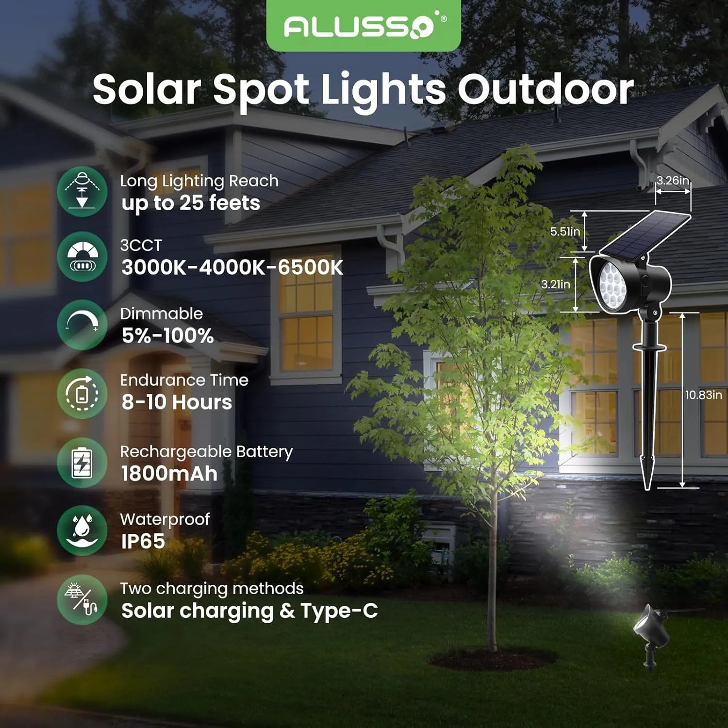 Solar Landscape Spotlights 3CCT, Dimmable Solar Spot Lights Outdoor, 30° Beam Angle Solar Powered Lights Dusk to Dawn, IP65 Waterproof Flag Pole Solar Light for Yard Pathway Garage Patio,4 Pack