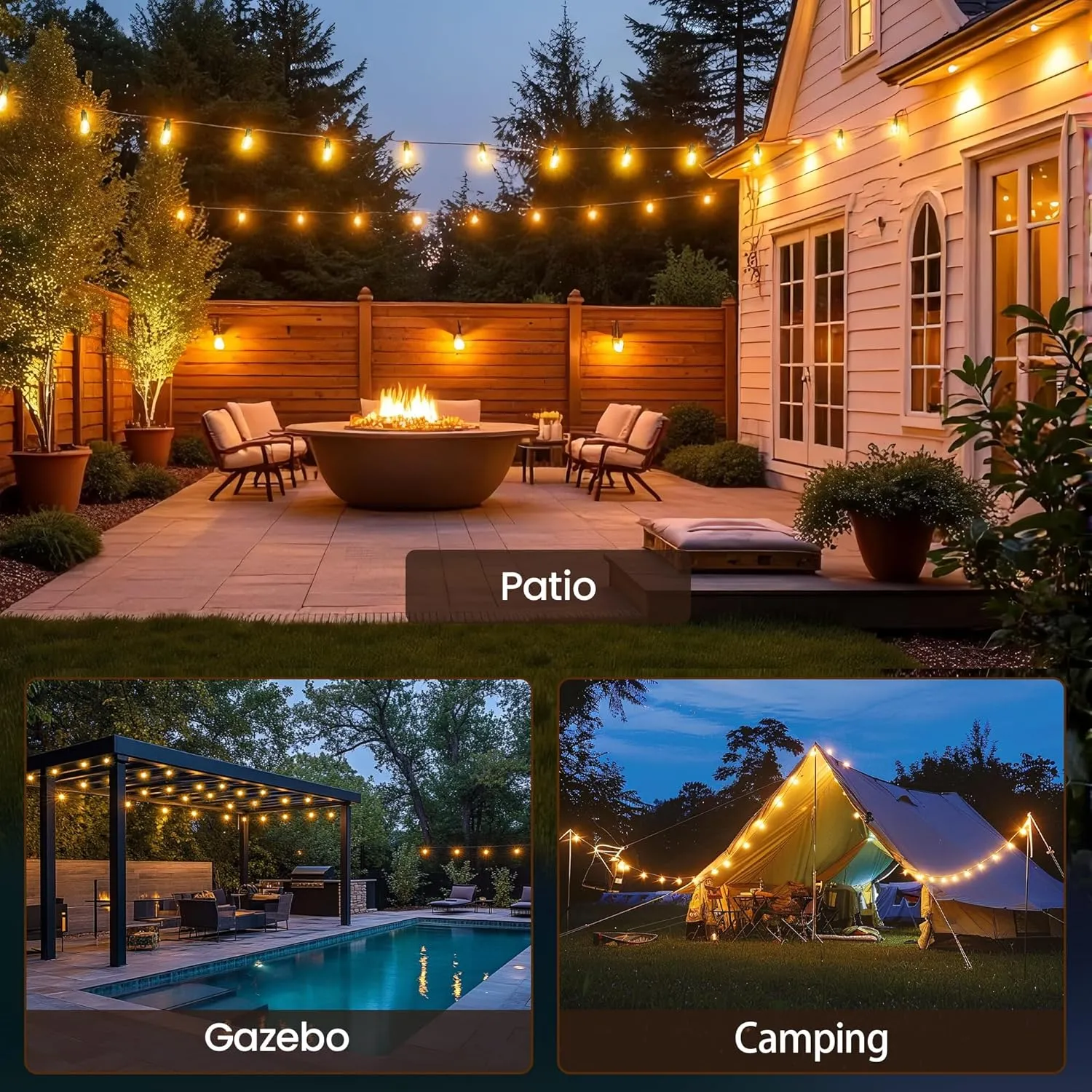 Solar String Lights Outdoor Waterproof 54 FT 16 Sockets 17 LEDs Patio Lighting, USB Charge & Remote Controlled Dimmer Timer, Solar Outdoor Lights for Patio Yard Outside Camping Party 2700K