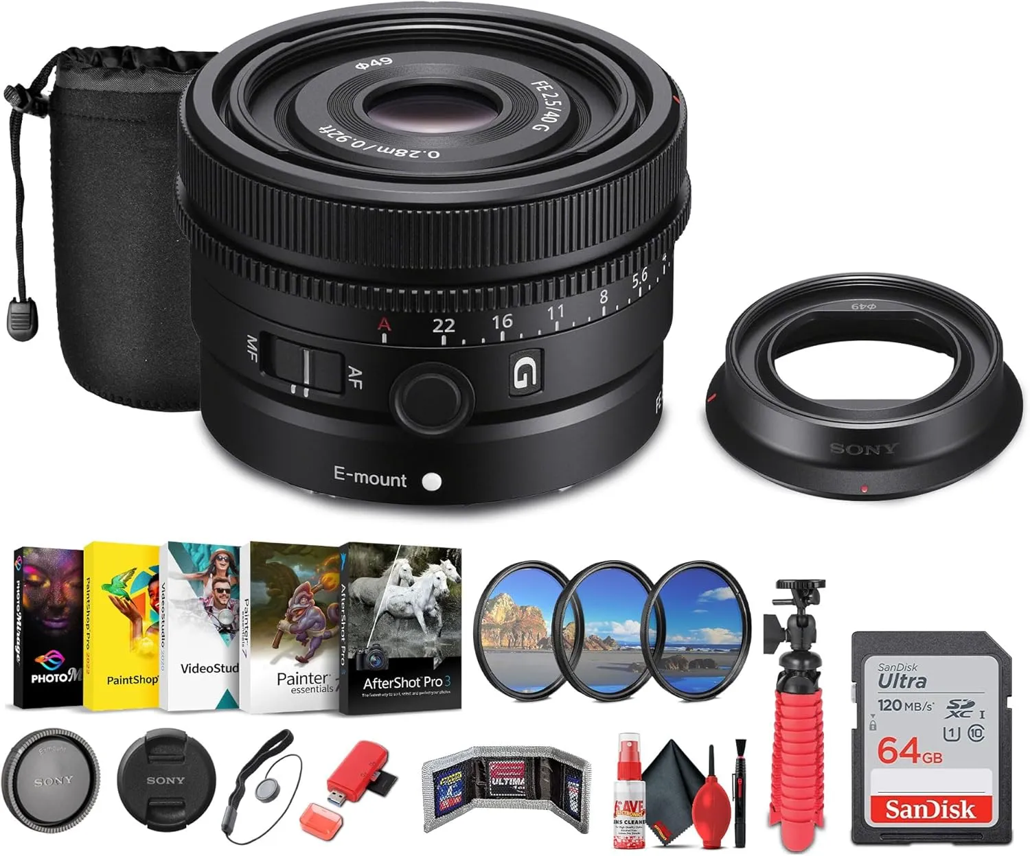 Sony FE 40mm f/2.5 G Full Frame Ultra Compact Lens (SEL40F25G)   Sling Backpack   Photography Software   64GB Memory Card   Lens Filter Kit   Tripod   Cleaning Kit   Hand Strap   More(Renewed)