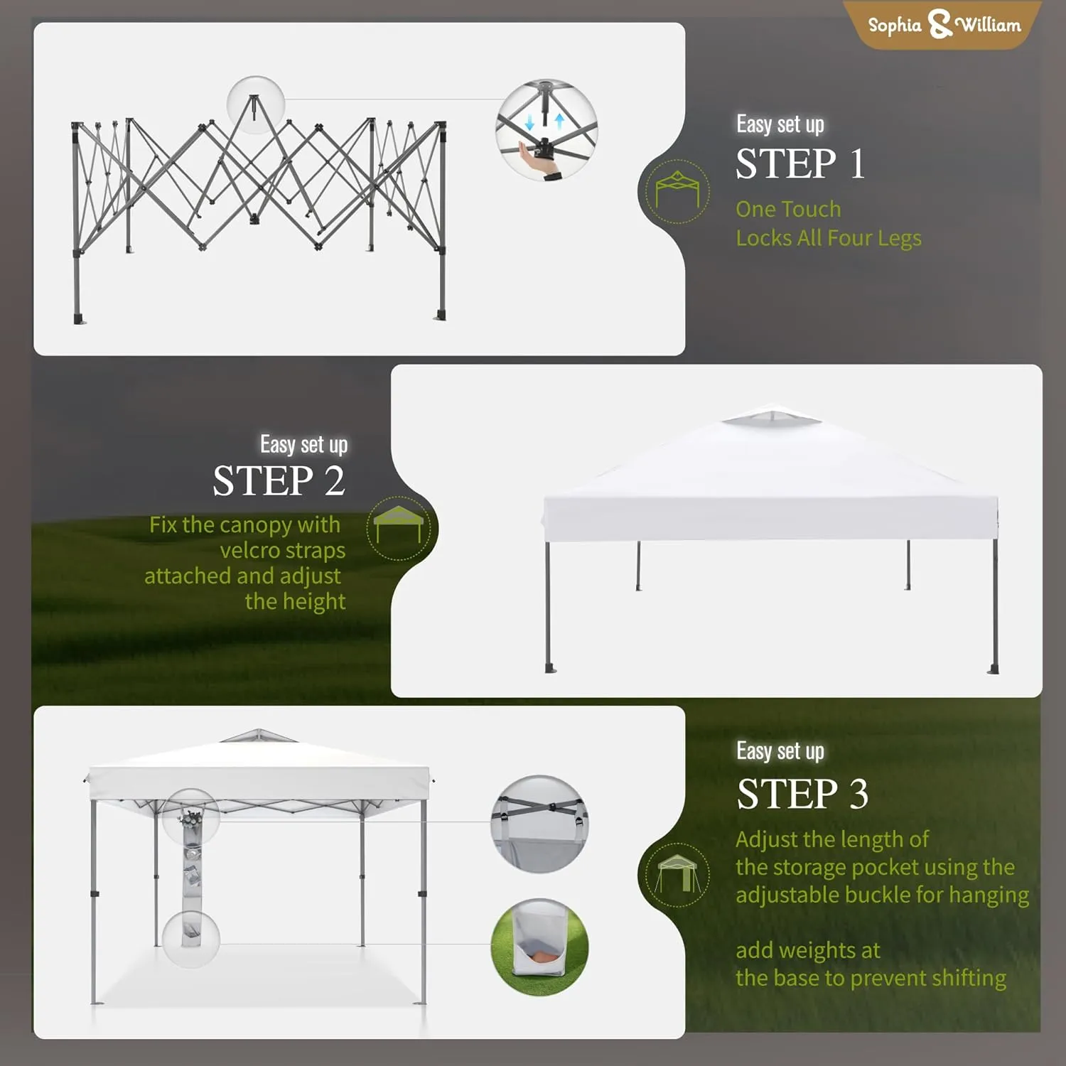 Sophia & William Canopy Tent Pop Up 10x10 ft, One Person Push Set Up Tent, Outdoor Canopies Shelter Heavy Duty Straight Legs with 4 Sandbags & Guy Ropes, 1 Roller Bag & Storage Bag, 8 Stakes, UPF50 