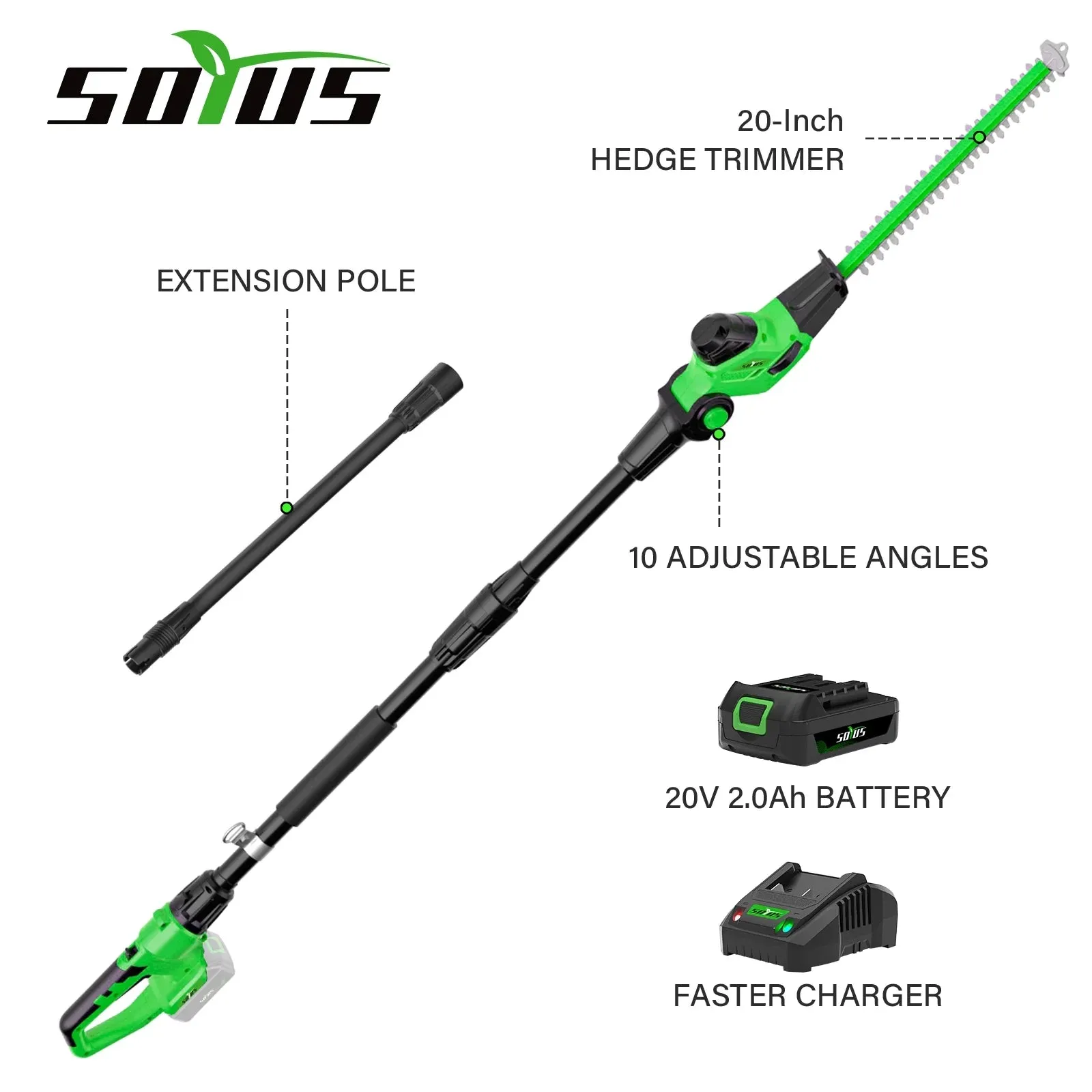 SOYUS Pole Hedge Trimmer Cordless, 18-inch Electric Hedge Trimmer with Extension Pole, 15-Foot Max Reach, Multi-Angle, 2.0Ah Battery and Charger Included