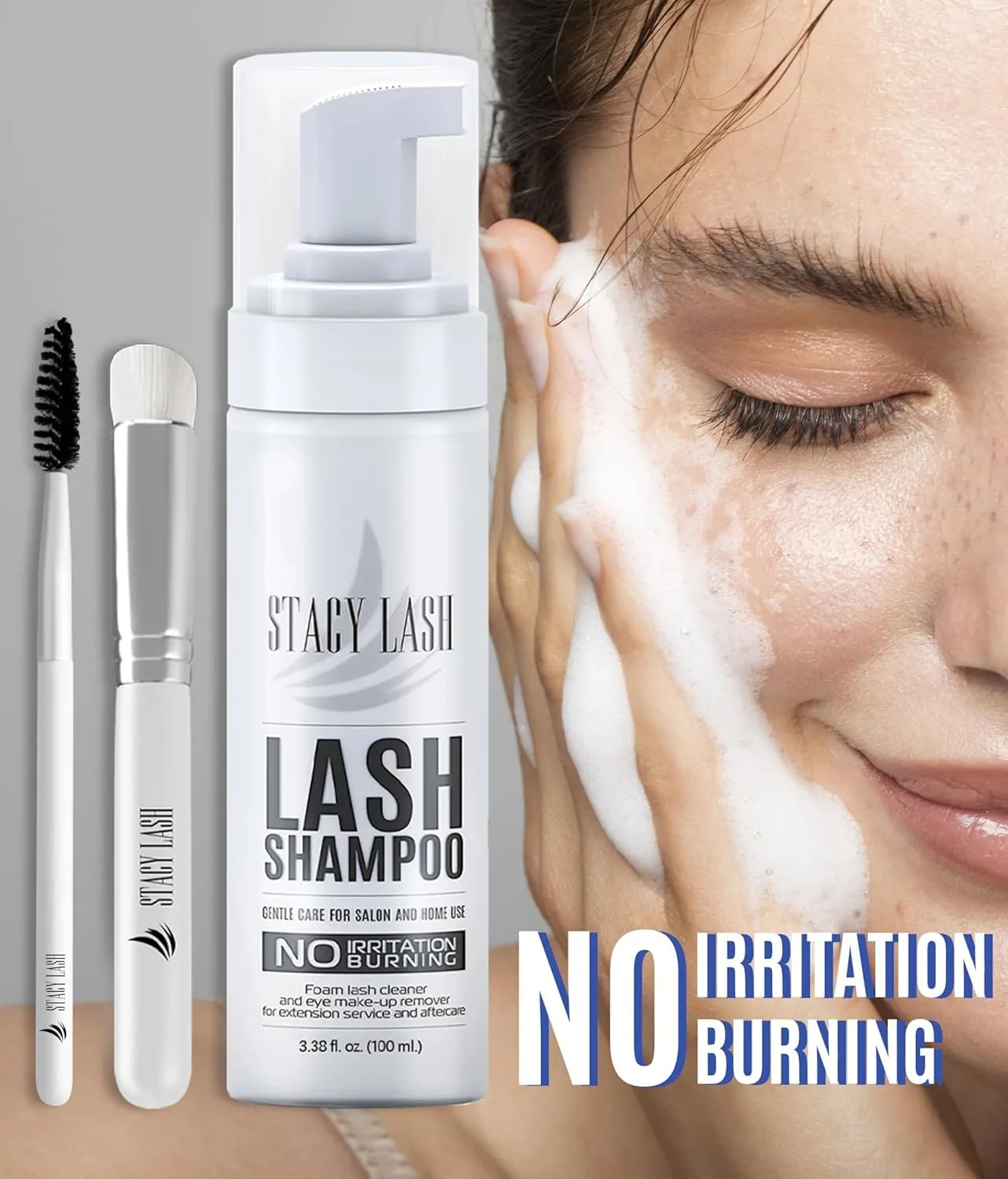 STACY LASH Eyelash Extension Shampoo   Brush / 3.38 fl.oz / 100ml / Eyelid Foaming Cleanser/Wash for Extensions & Natural Lashes/Safe Makeup Remover/Supplies for Professional & Home Use
