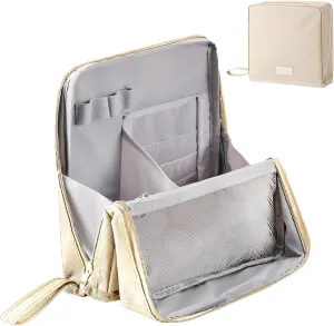 Standing Makeup Bag, Portable Multi Purpose Large Capacity with Room for Brushes and Mirror, Travel Makeup Organizer, Make Up Case, Waterproof Cosmetic Toiletry Bags with Handle (Beige)