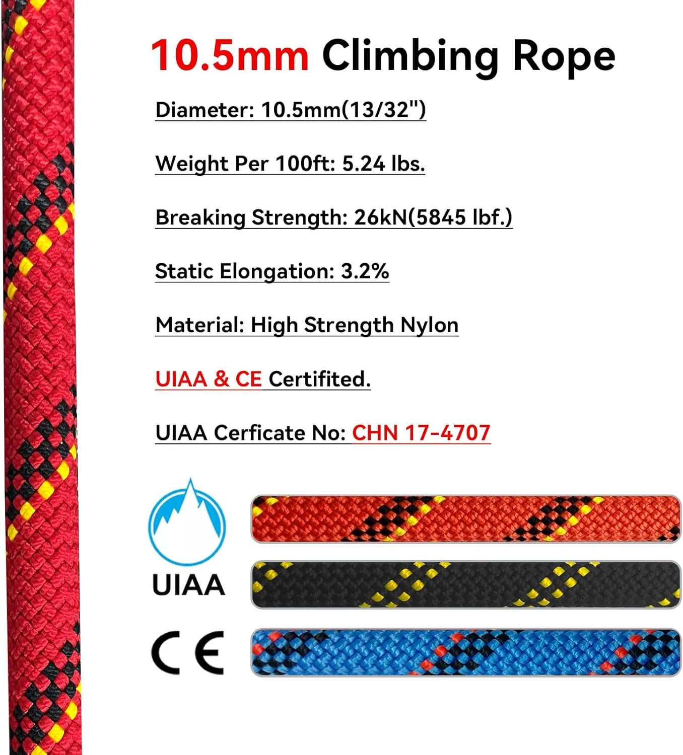 Static Climbing Rope 10.5mm UIAA Static Line Rappelling Rope Nylon Kern Mantle Rope for Escape Rope Rock Climbing, Mountain Tree Climbing, Hauling, Rescue