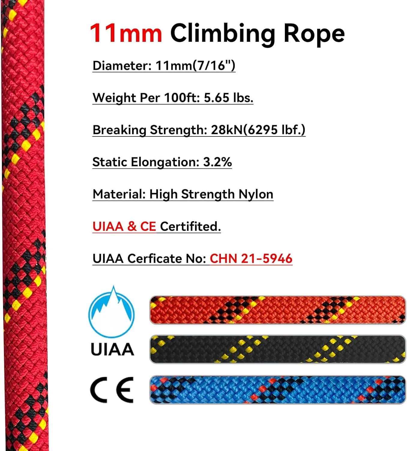 Static Climbing Rope 11mm UIAA Static Line Rappelling Rope 45M (150ft) Nylon Kern Mantle Rope for Escape Rope Rock Climbing, Mountain Tree Climbing, Hauling, Rescue