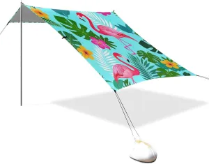 Summer Flamingos Palm Leaf Blue Designed UPF50 Foldable Beach Cabana Water-Resistant Sun Shade with Sandbags, Sand Shovel, Poles for Backyard and Camping sombrillas para el sol