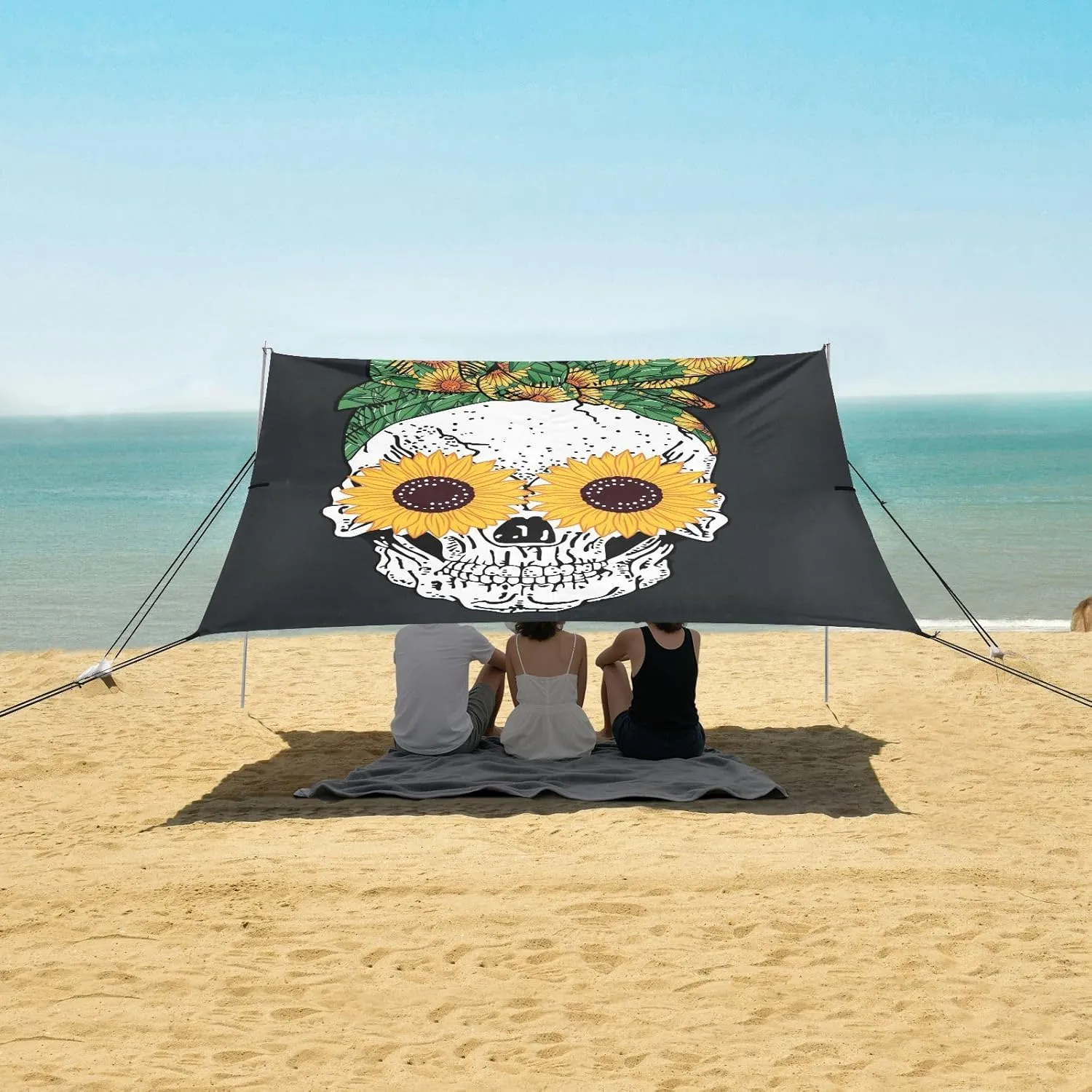 Sunflower Skull Girl Beach Canopy Tent Anti-UV & Wind Resistant, Camping Sun Shelter Easy Setup Portable,Outdoor Shade Tents with Sandbags,Sand Shovels,Ground Pegs & Stability Poles