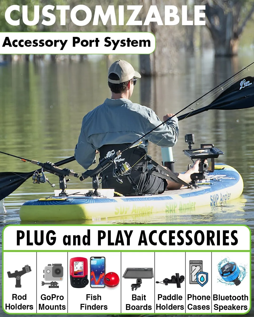 SUP Angler X-Wide Inflatable Fishing Paddle Board with Seat, Choose Accessories Package, Adjustable Fishing Rod Holders, Accessory Ports, Dual Paddle, Quad Bungees, 10'8" X 35"