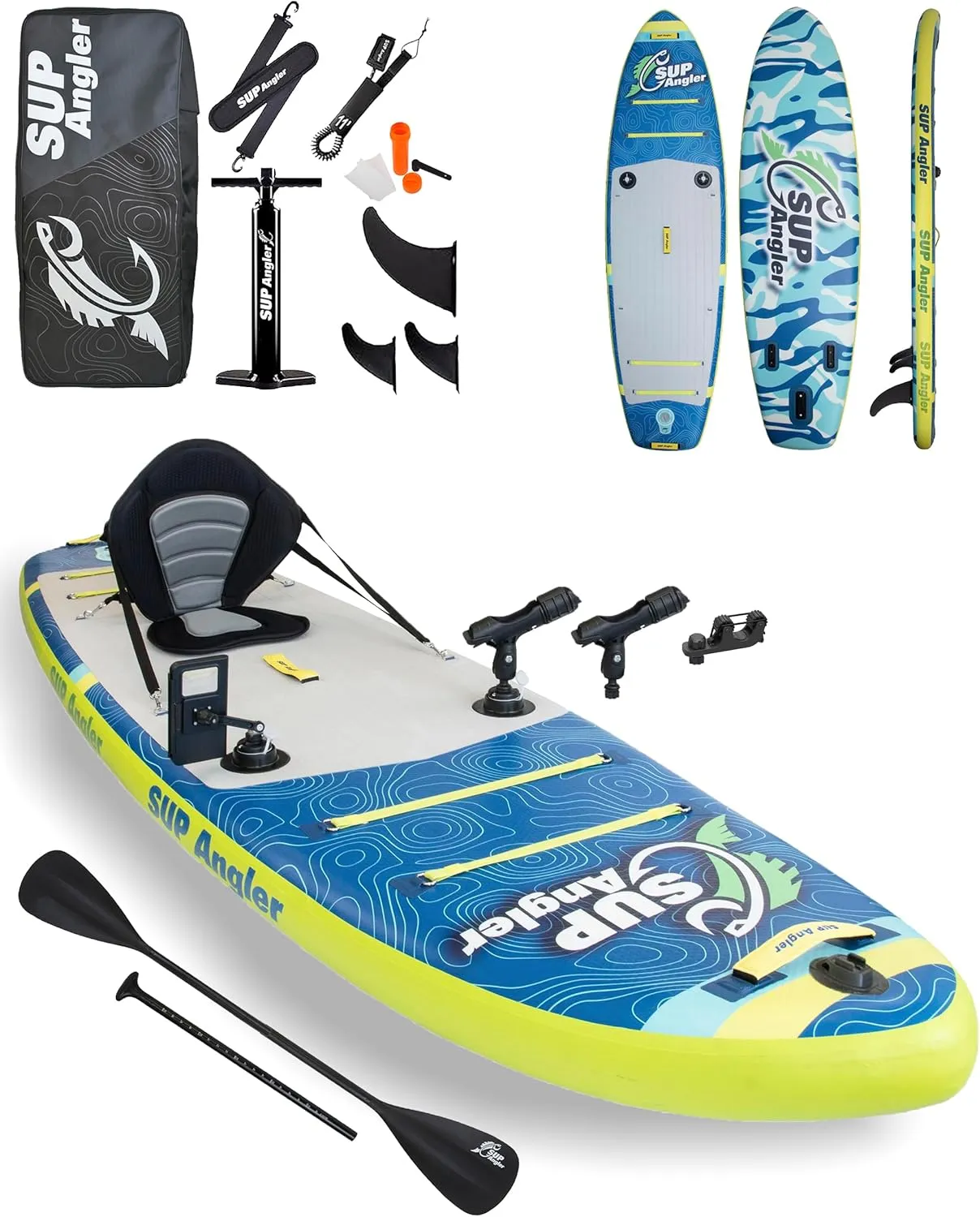 SUP Angler X-Wide Inflatable Fishing Paddle Board with Seat, Choose Accessories Package, Adjustable Fishing Rod Holders, Accessory Ports, Dual Paddle, Quad Bungees, 10'8" X 35"