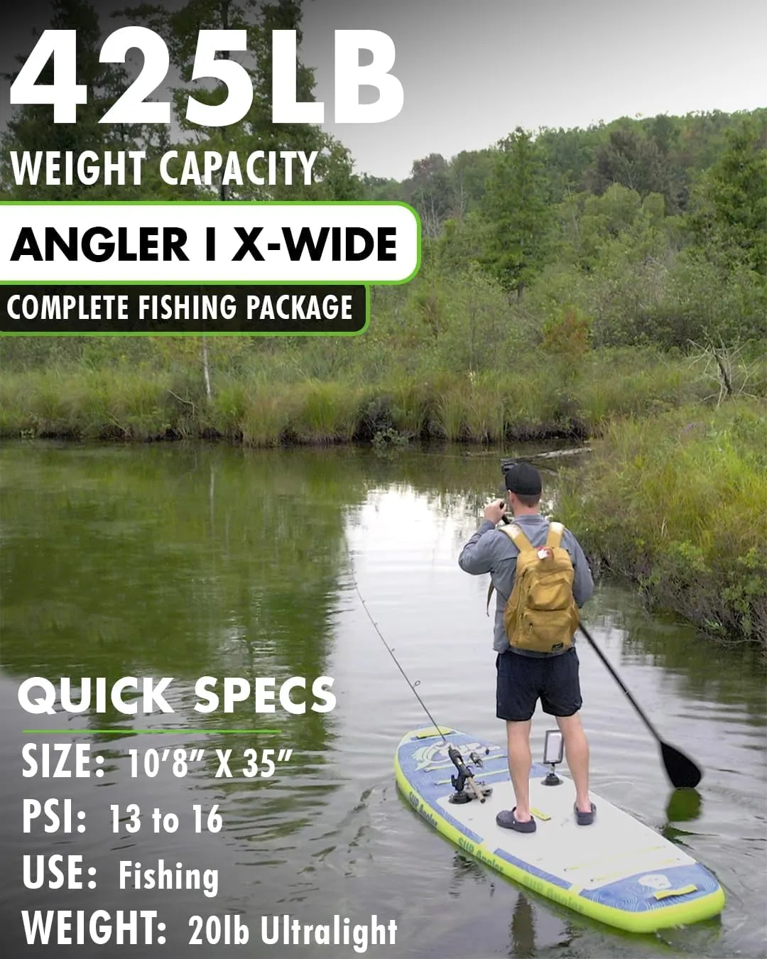 SUP Angler X-Wide Inflatable Fishing Paddle Board with Seat, Choose Accessories Package, Adjustable Fishing Rod Holders, Accessory Ports, Dual Paddle, Quad Bungees, 10'8" X 35"
