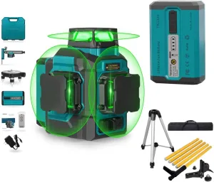 Takamine 3x360° 12 Lines Self Leveling Green Laser Level with Laser Level Adjustable Telescoping Pole and an Extra Li-Ion Battery.
