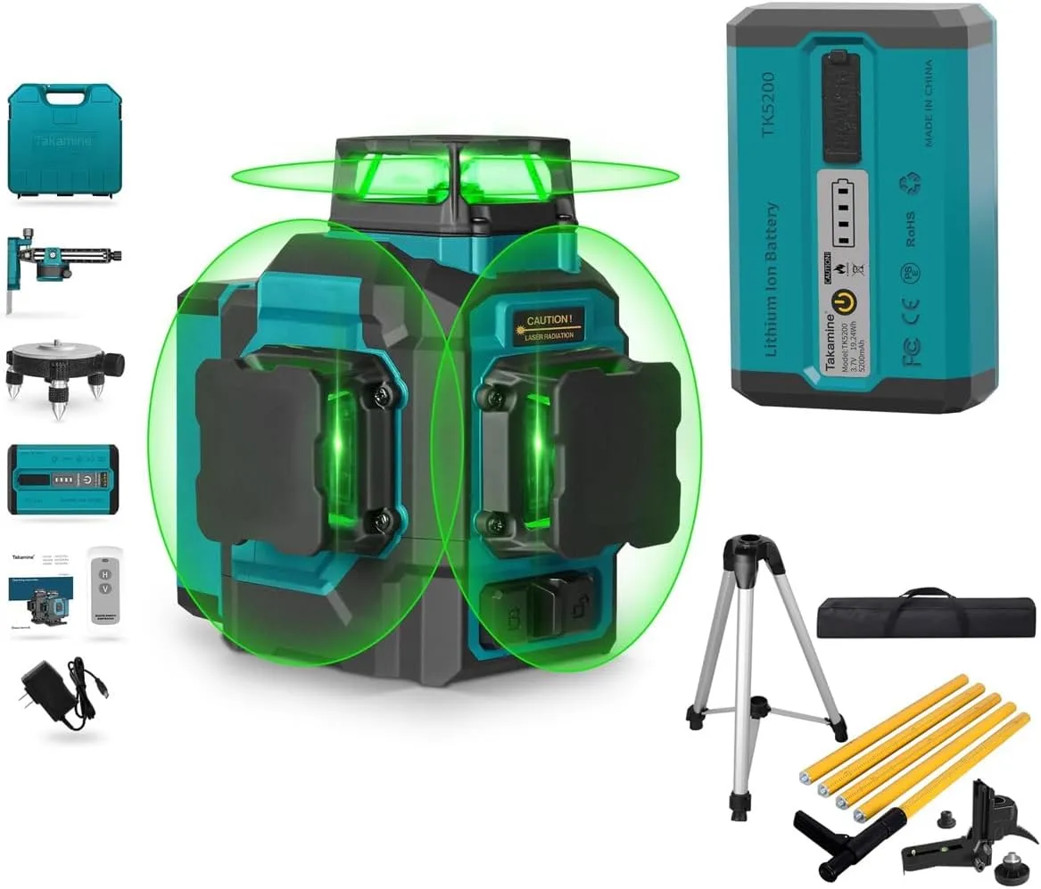 Takamine 3x360° 12 Lines Self Leveling Green Laser Level with Laser Level Adjustable Telescoping Pole and an Extra Li-Ion Battery.