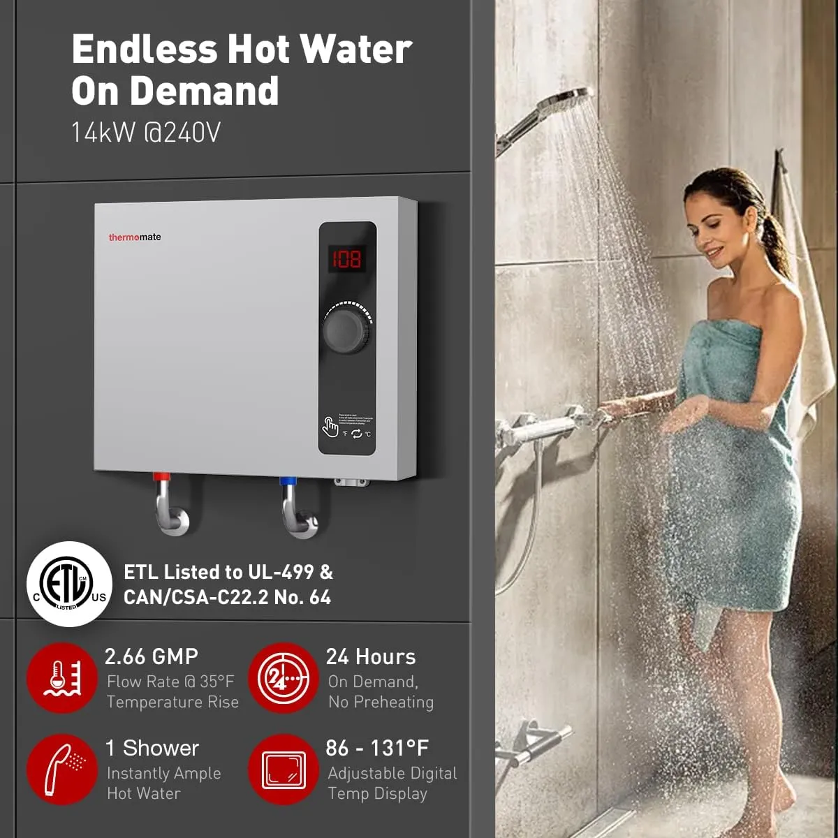 Tankless Water Heater Electric, ThermoMate 14kW at 240 Volt, On Demand Instant Hot Water Heater for Shower, Self-Modulating Save Energy, Save Space, 2.66GPM at 35°F Rise ET140
