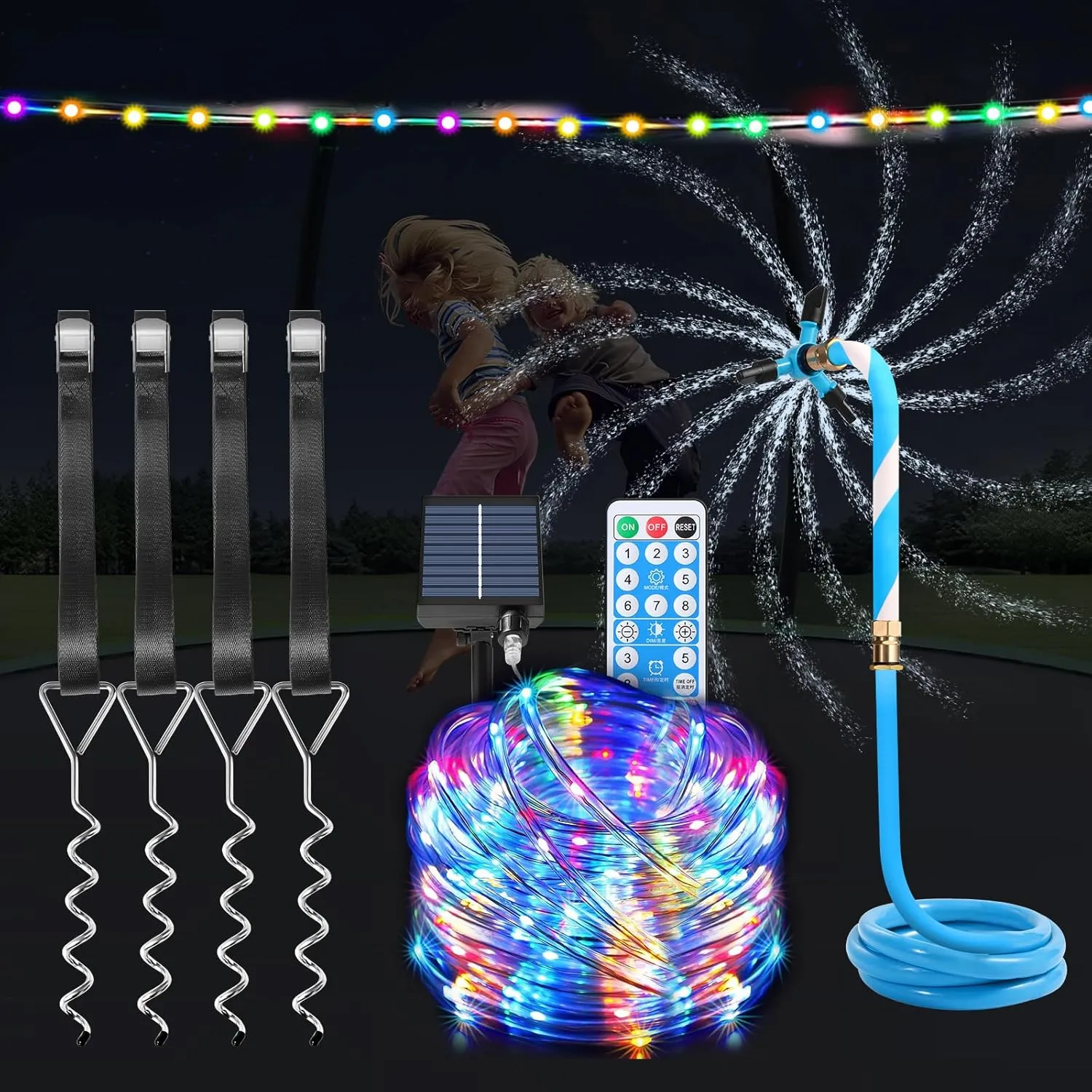 Tatub Trampoline Accessories Kit, Fits 8-16FT Trampoline Sprinkler/50FT Lights/Stakes, Heavy Duty Anchor Kit, Net Friendly Sprinkler, Outdoor Waterproof Lights, 3 in 1
