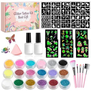 Temporary Glitter Tattoos Kit for Kids,18 Glitter Colors,115 Stencils,6 Luminous Tattoo Stickers, 2 Glue,5 Brushes,1 Powder Puff, Adults & Kids Arts Glitter Make Up Kit.