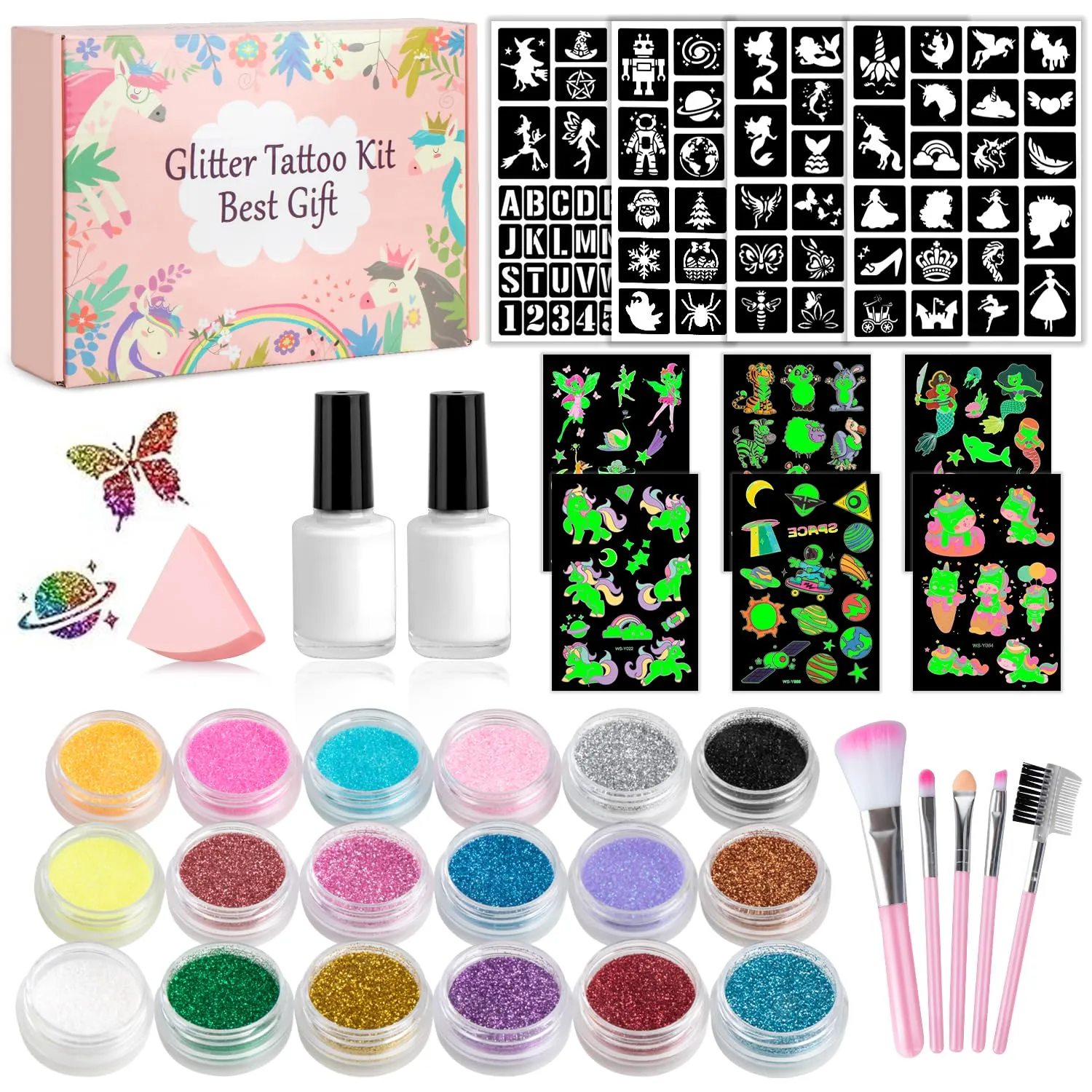 Temporary Glitter Tattoos Kit for Kids,18 Glitter Colors,115 Stencils,6 Luminous Tattoo Stickers, 2 Glue,5 Brushes,1 Powder Puff, Adults & Kids Arts Glitter Make Up Kit.