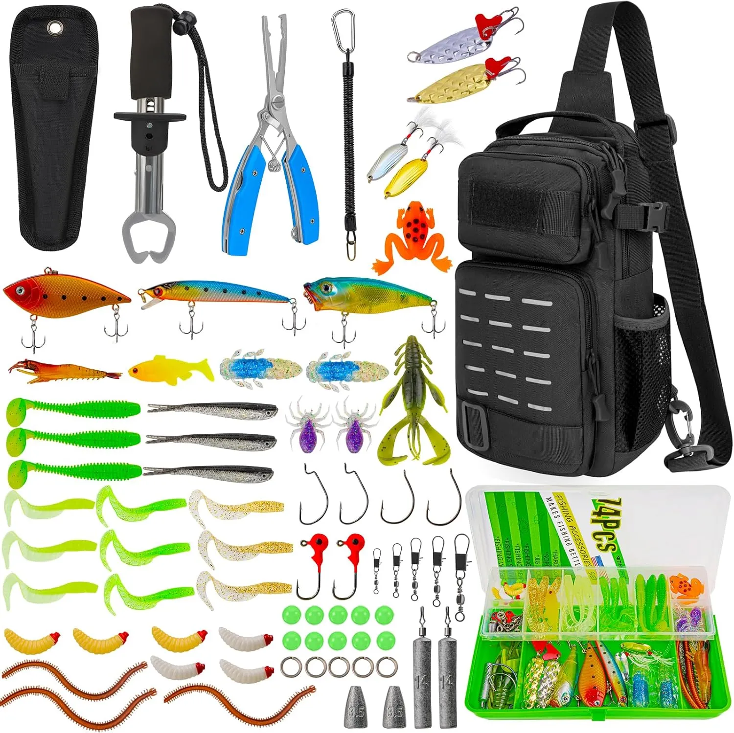 THKFISH 79 Pcs Fishing Tool Kit with Backpack, Tackle Boxes, Pliers, Bait Lure Gear, Fish Hook Remover, Lures, Lip Gripper