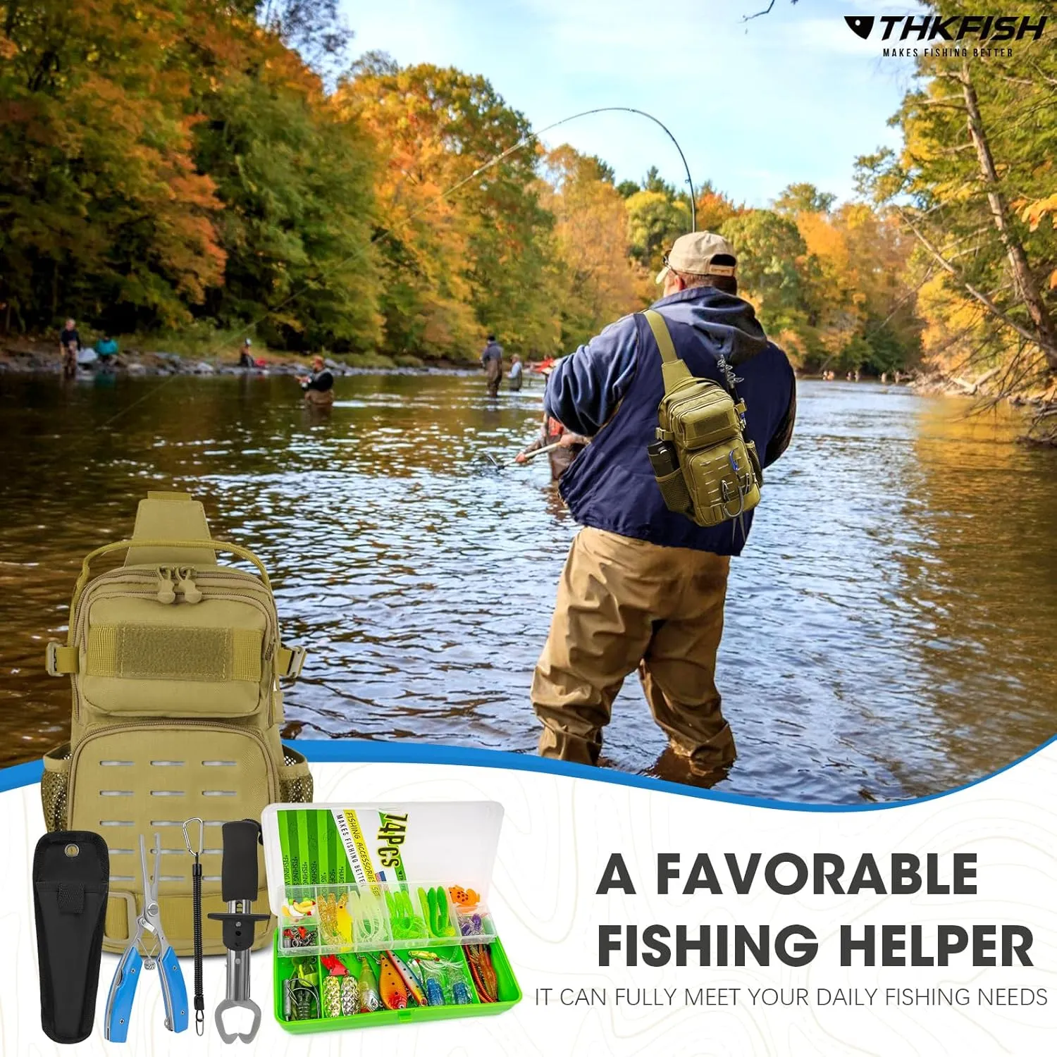 THKFISH 79 Pcs Fishing Tool Kit with Backpack, Tackle Boxes, Pliers, Bait Lure Gear, Fish Hook Remover, Lures, Lip Gripper