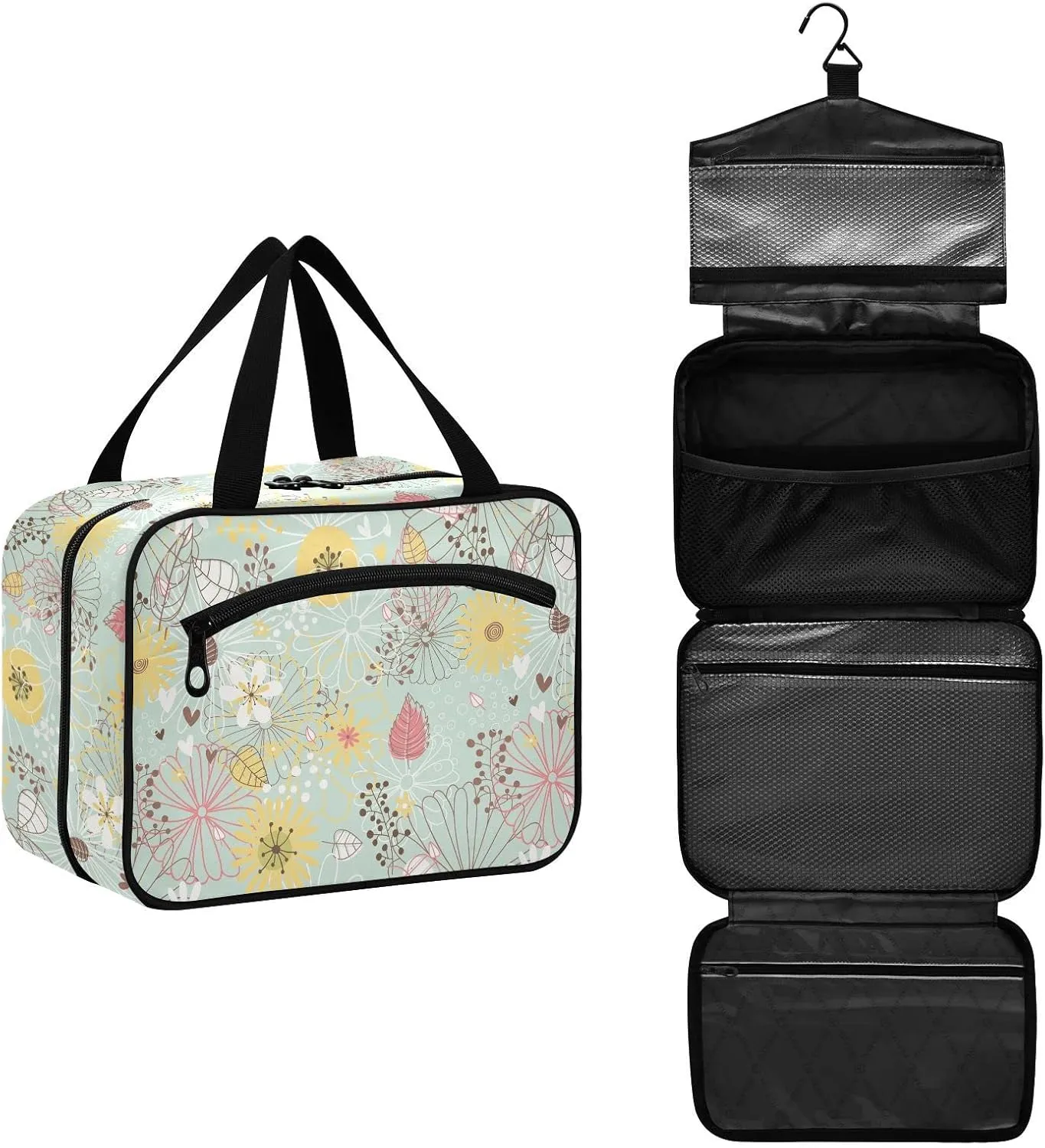 Toiletry Bag Travel Bag with Hanging Hook, Summer Bright Trend Pink Yellow Flowers and Leaves Makeup Cosmetic Bag Travel Organizer for Accessories, Detachable Makeup Pouch For Full Sized Container - L