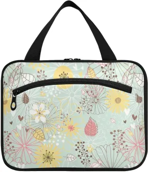 Toiletry Bag Travel Bag with Hanging Hook, Summer Bright Trend Pink Yellow Flowers and Leaves Makeup Cosmetic Bag Travel Organizer for Accessories, Detachable Makeup Pouch For Full Sized Container - L