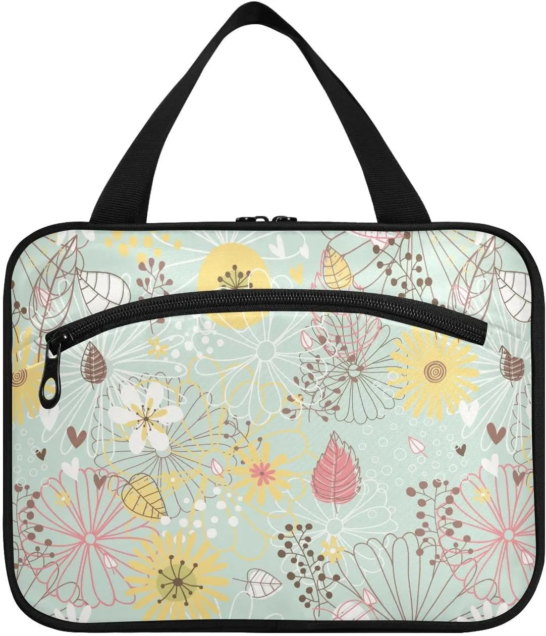 Toiletry Bag Travel Bag with Hanging Hook, Summer Bright Trend Pink Yellow Flowers and Leaves Makeup Cosmetic Bag Travel Organizer for Accessories, Detachable Makeup Pouch For Full Sized Container - L