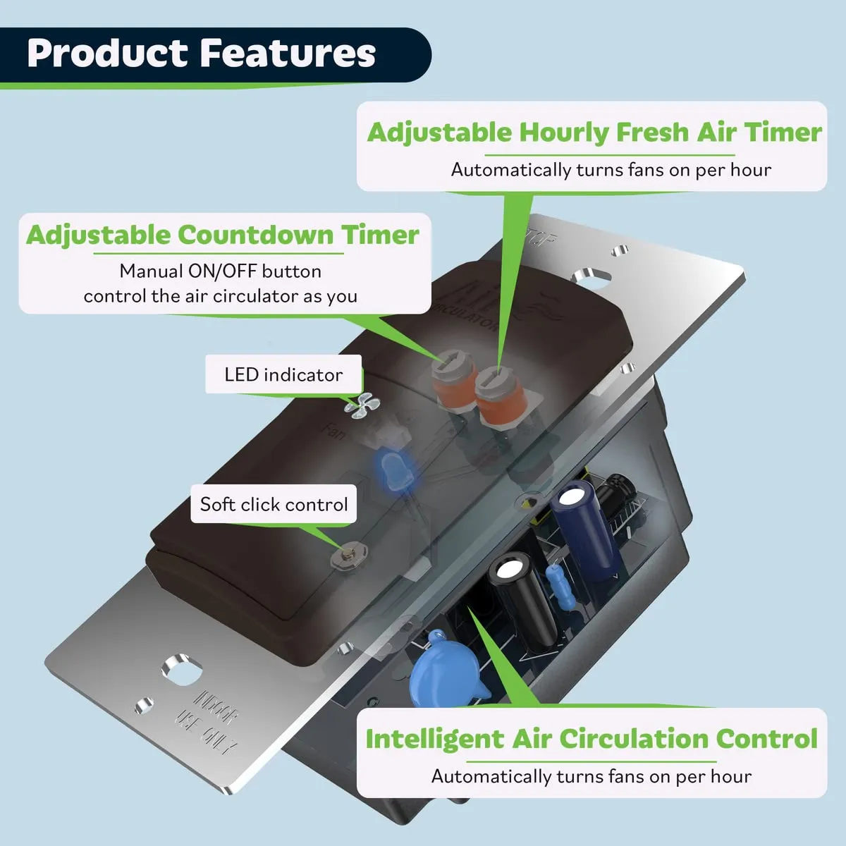 TOPGREENER Air Cycle Switch, Smart Exhaust Circulator, Auto Exhausts Air Hourly for Ventilation/Bathroom/Exhaust Fan, Countdown Timer, LED Indicator, 120VAC, 1/4HP Motor, TDTS5-BR, Brown