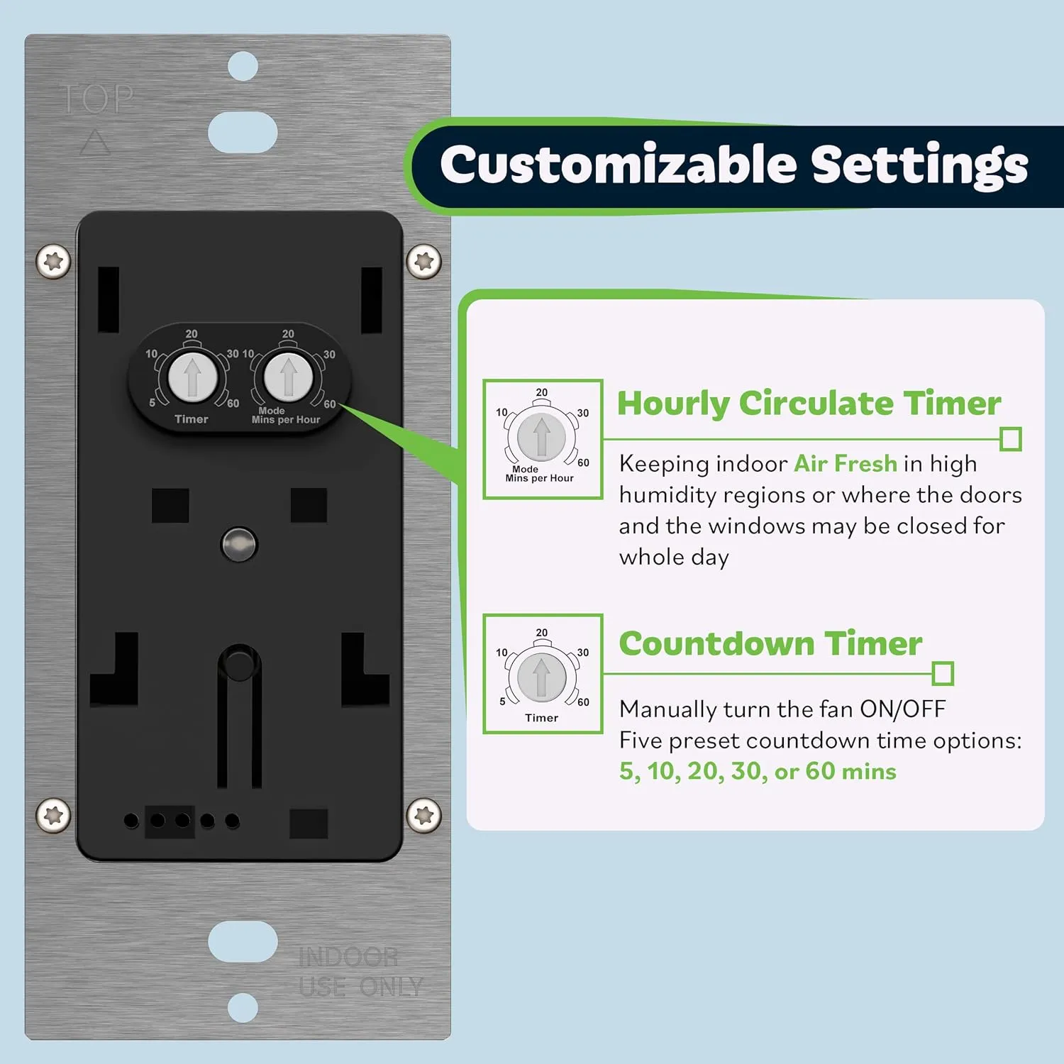TOPGREENER Air Cycle Switch, Smart Exhaust Circulator, Auto Exhausts Air Hourly for Ventilation/Bathroom/Exhaust Fan, Countdown Timer, LED Indicator, 120VAC, 1/4HP Motor, TDTS5-BR, Brown
