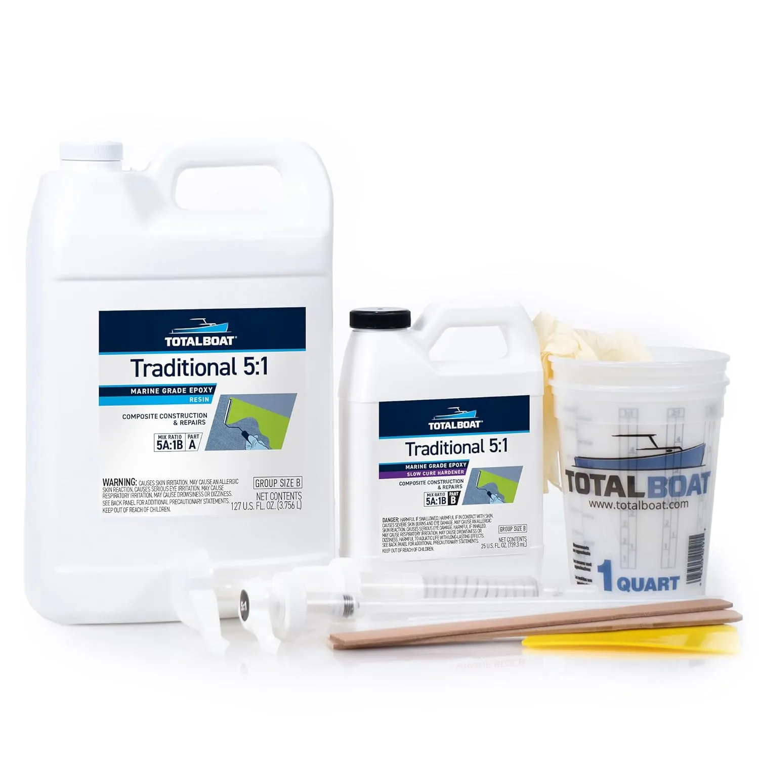 TotalBoat 5:1 Marine Epoxy Resin Kit for Bonding, Filleting, Coating, and Laminating - Use for Fiberglass, Wood, Carbon Fiber, Boat Building, Repairs, Woodworking (Gallon, Slow Hardener, Pumps)