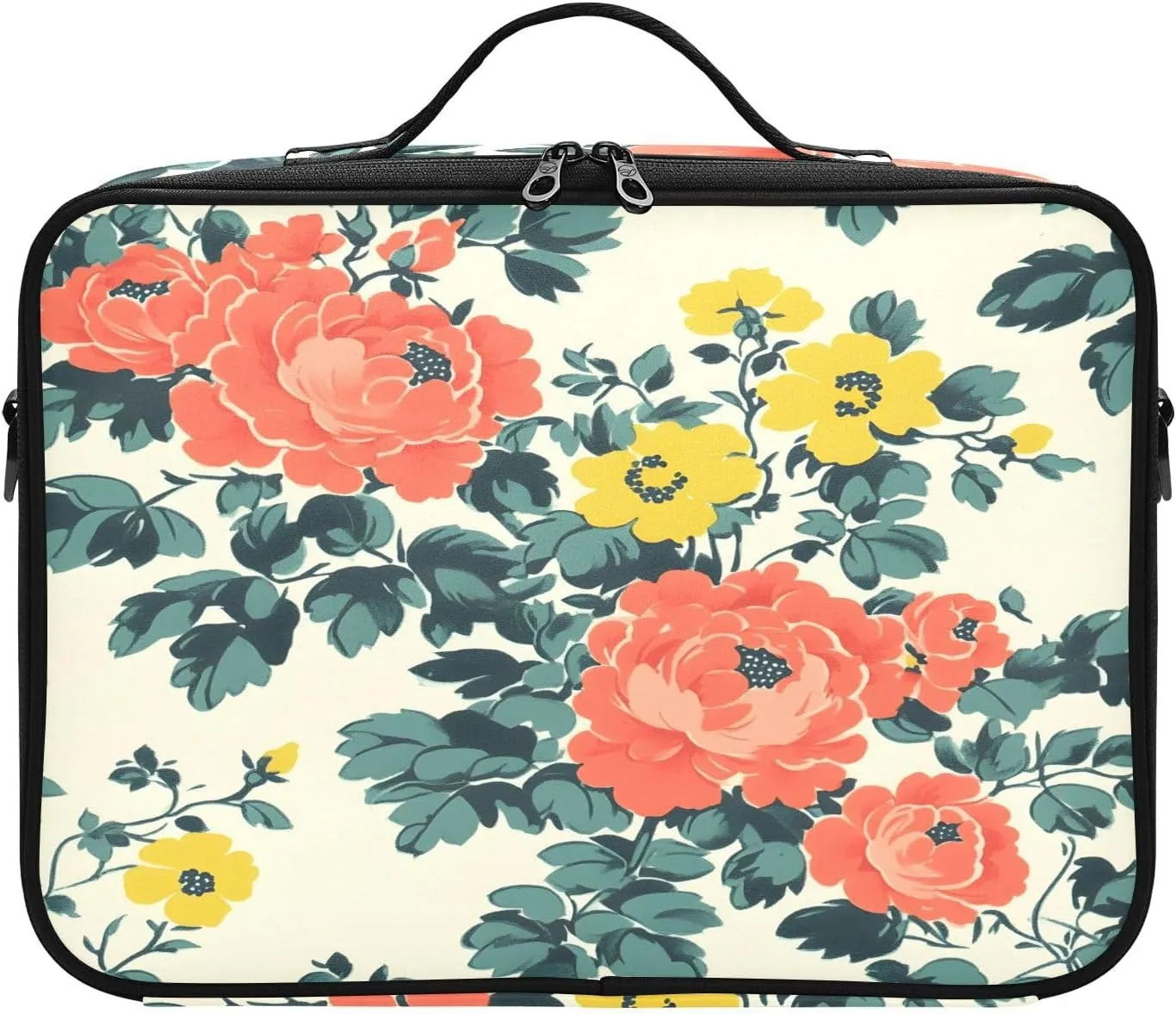 Travel Makeup Train Case Coral Flower Pattern Green Leaves Cosmetic Organizer Portable Storage Bag with Adjustable Dividers for Cosmetics Brushes Toiletry Jewelry Digital Accessories