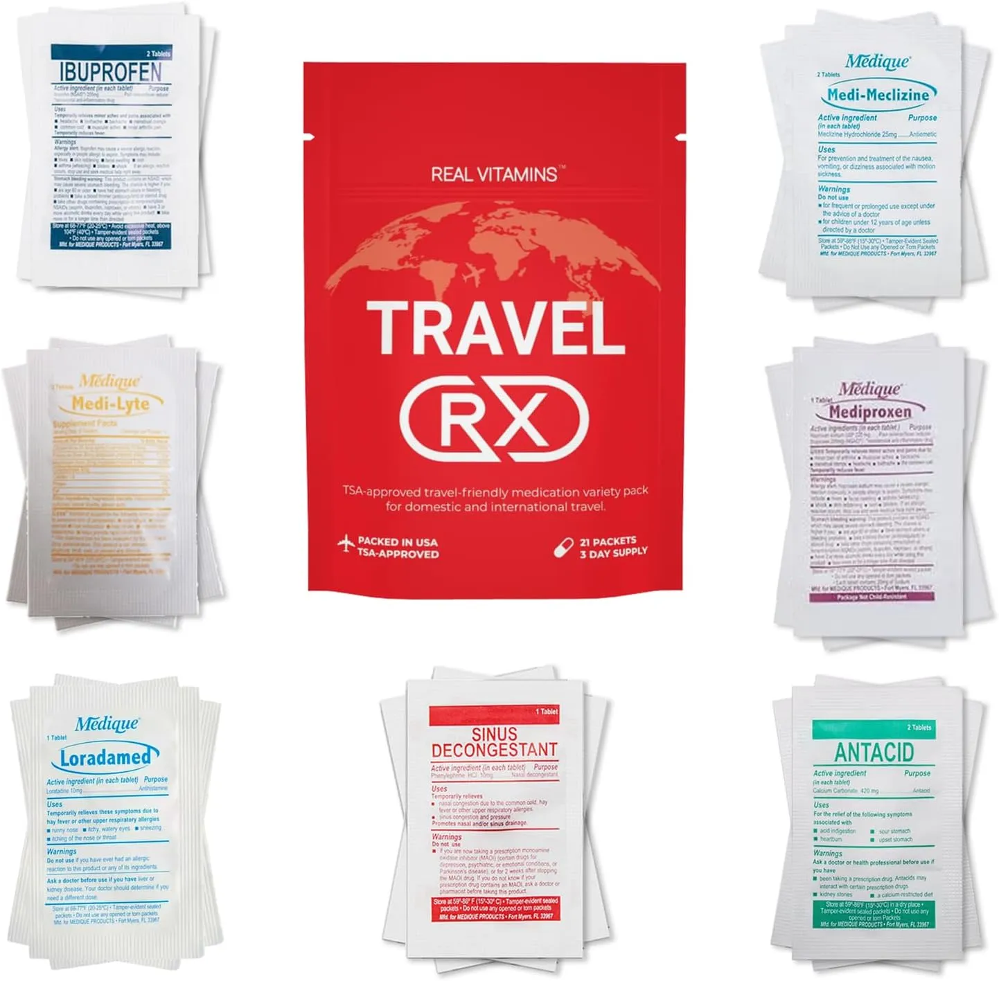 Travel RX - 63 PCS TSA-Approved Travel Medicine Variety Pack with Resealable Bag for Indigestion, Motion Sickness & More, Travel Essential OTC Medicine Pack (3 Kits)