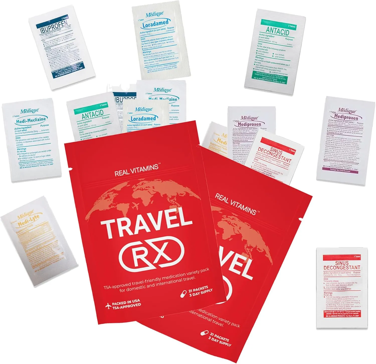 Travel RX - 63 PCS TSA-Approved Travel Medicine Variety Pack with Resealable Bag for Indigestion, Motion Sickness & More, Travel Essential OTC Medicine Pack (3 Kits)