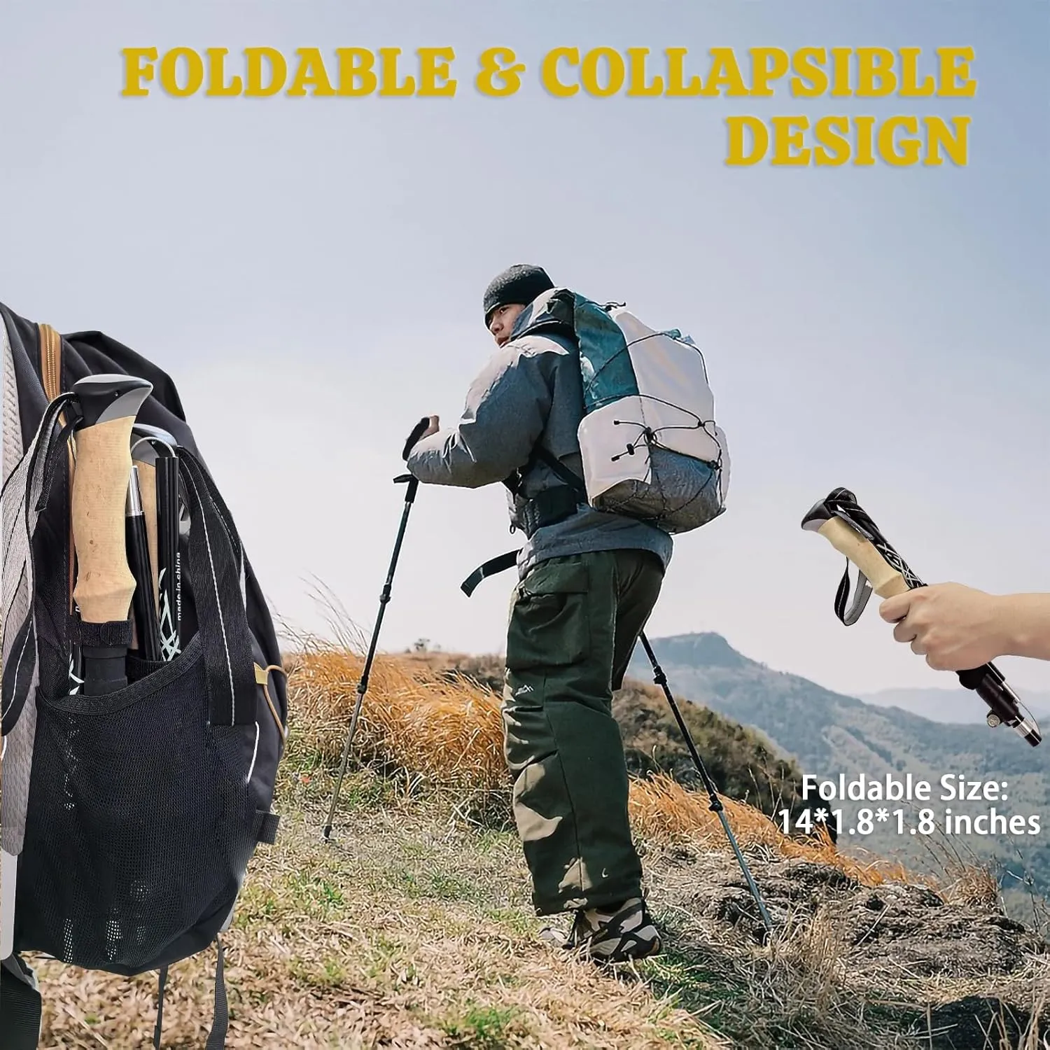 Trekking Poles Lightweight Collapsible Hiking Poles Folding Aluminum Walking Sticks 2 Pack Walking Sticks for Hiking with Cork Grip
