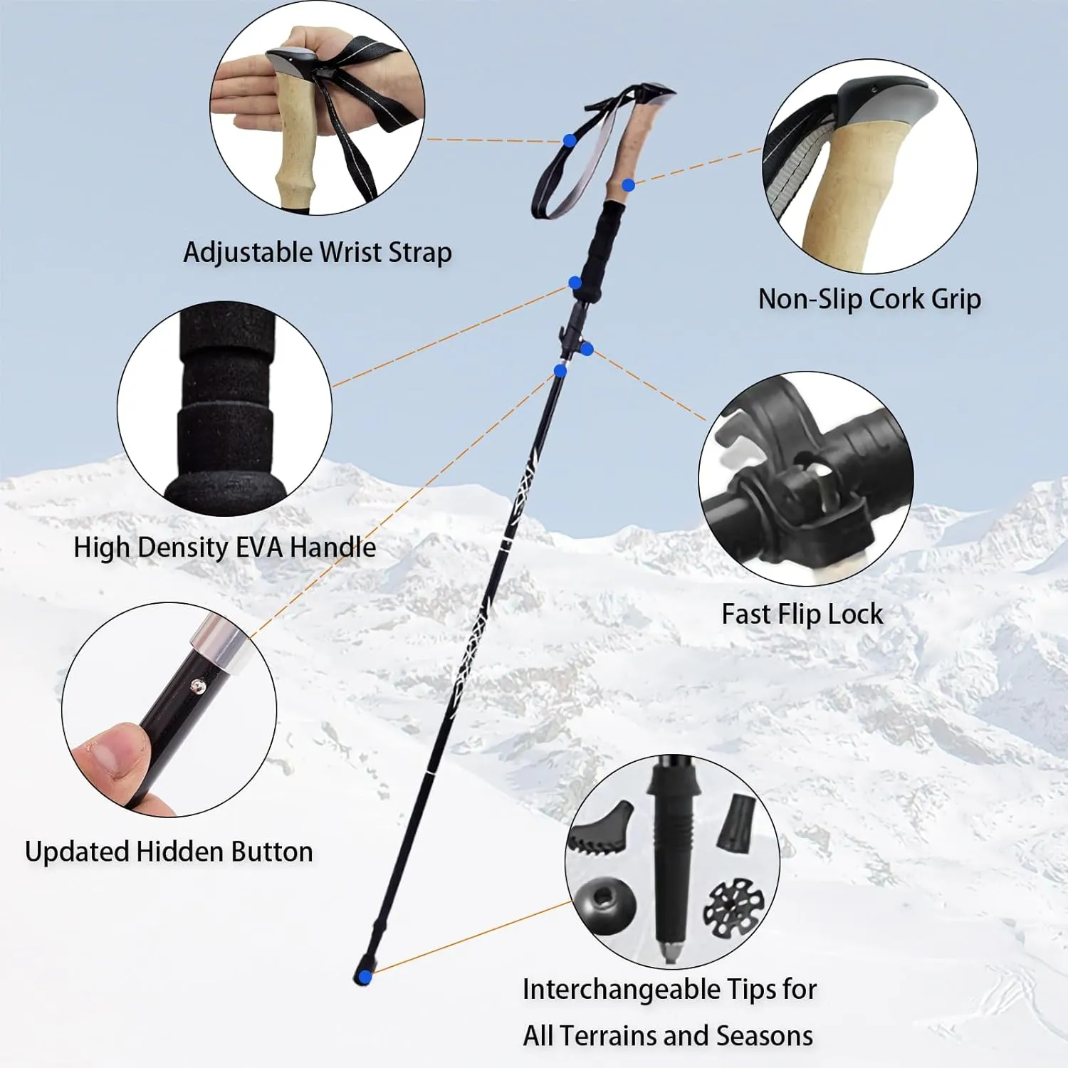 Trekking Poles Lightweight Collapsible Hiking Poles Folding Aluminum Walking Sticks 2 Pack Walking Sticks for Hiking with Cork Grip