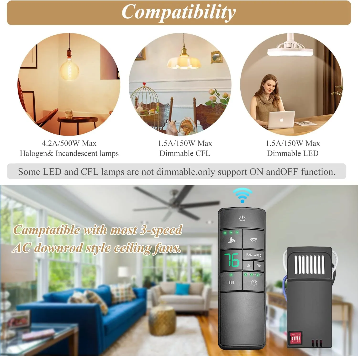 Universal Ceiling Fan Remote Control Kit Replacement for Hampton Bay Home Decorators Collection Hunter Harbor Breeze, 3-Speed Timer Light Dimmer Thermostatic Control, 2AAZPHD3/HD3 KUJCE10320/TR222A