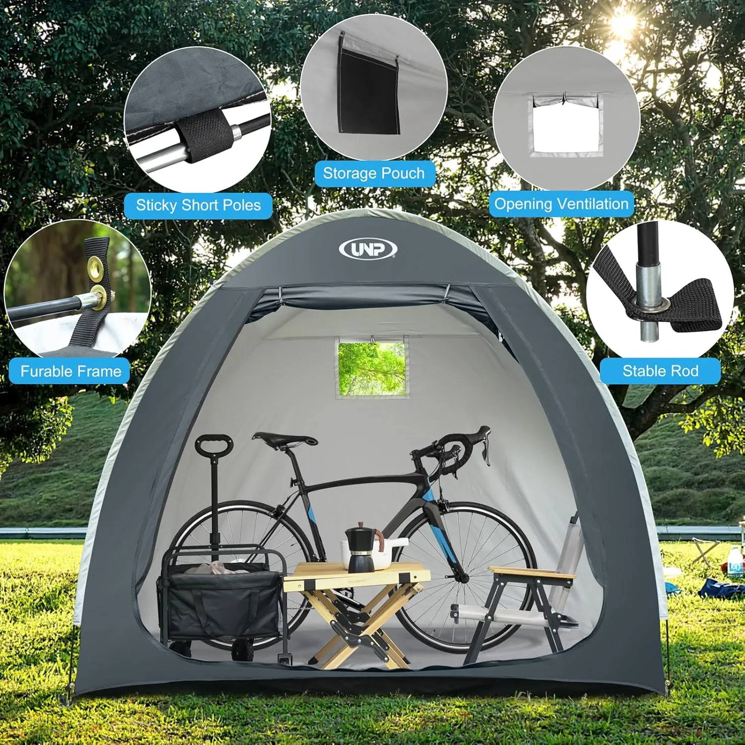 UNP Bike Storage Shed Tent, Portable Outdoor Bike Storage Tent with 210D Oxford Thick PU4000 Waterproof for 1/2/3/4 Bikes, Bike Covers Storage Shed Tent for Bicycles, Lawn Mower, Garden Tools