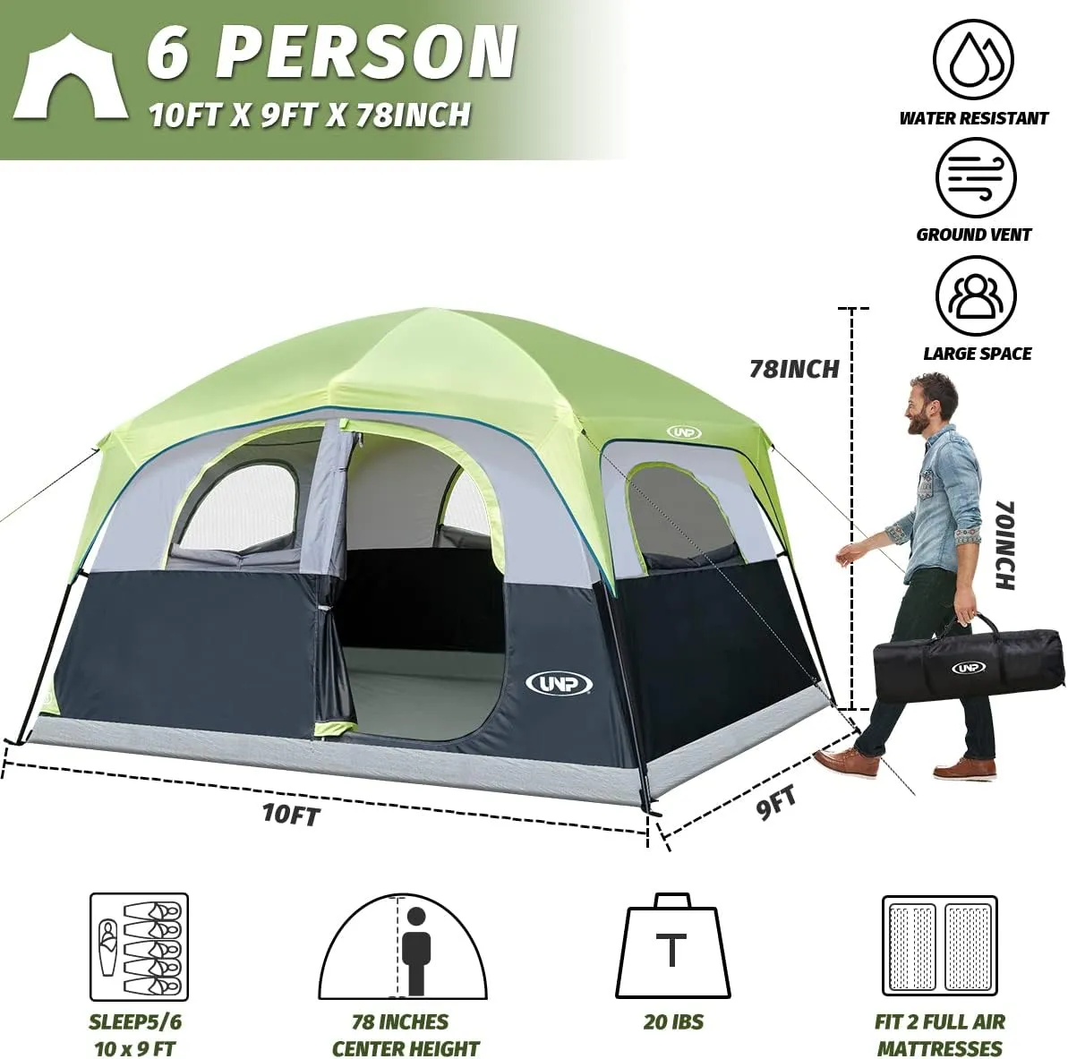 UNP Tents 6 Person Waterproof Windproof Easy Setup,Double Layer Family Camping Tent with 1 Mesh Door & 5 Large Mesh Windows -10'X9'X78in(H)