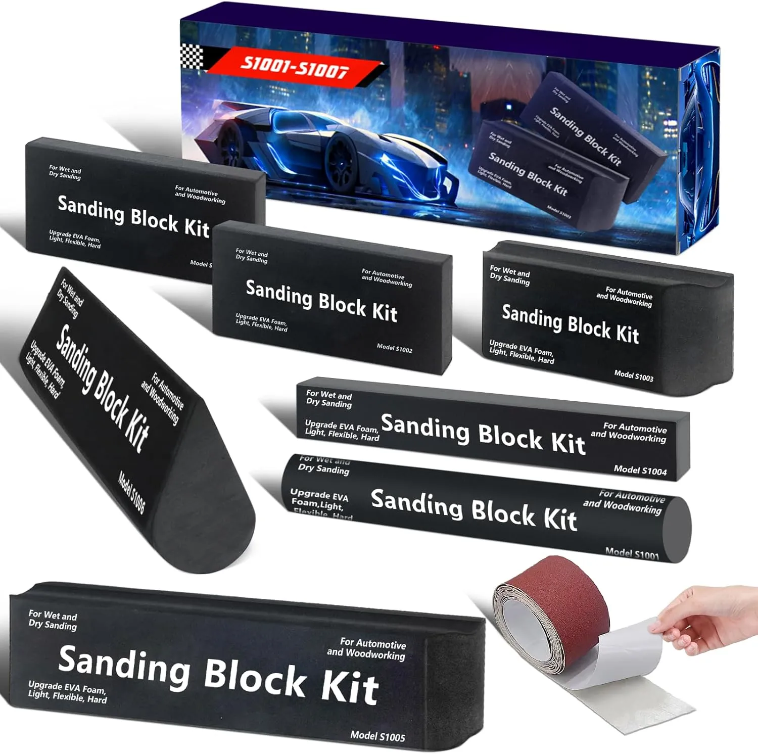 Upgrade Sanding Block Kit 7PC with TearBlock and Sandpaper, Wet or Dry Auto Body Sanding Blocks for Automotive Woodworking Bodywork, Light, Hard, Flexible