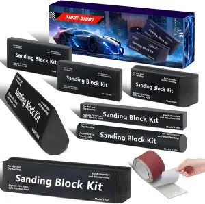 Upgrade Sanding Block Kit 7PC with TearBlock and Sandpaper, Wet or Dry Auto Body Sanding Blocks for Automotive Woodworking Bodywork, Light, Hard, Flexible