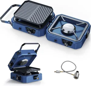 Upgraded WINKIZA 2 Burner Propane Camping Stove with Grill, Foldable Camp Stove with 16,000 BTU, Two Adjustable Burners with Piezo Ignition & Easy Carrying Handle, Portable Stove for Camping, BBQ