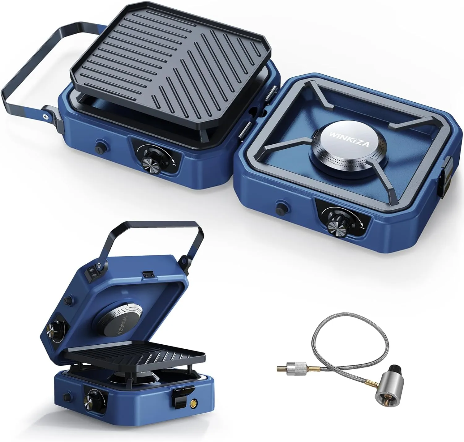 Upgraded WINKIZA 2 Burner Propane Camping Stove with Grill, Foldable Camp Stove with 16,000 BTU, Two Adjustable Burners with Piezo Ignition & Easy Carrying Handle, Portable Stove for Camping, BBQ