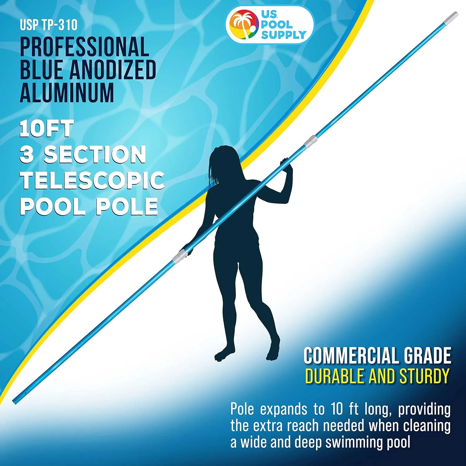 U.S. Pool Supply 10 Foot Swimming Pool Pole Telescopic - Aluminum Pool Skimmer Pole Net, Rake, Brush, Vacuum Head Handle, Attach Cleaning Equipment Accessories, Adjustable 3 Piece Expandable Extension