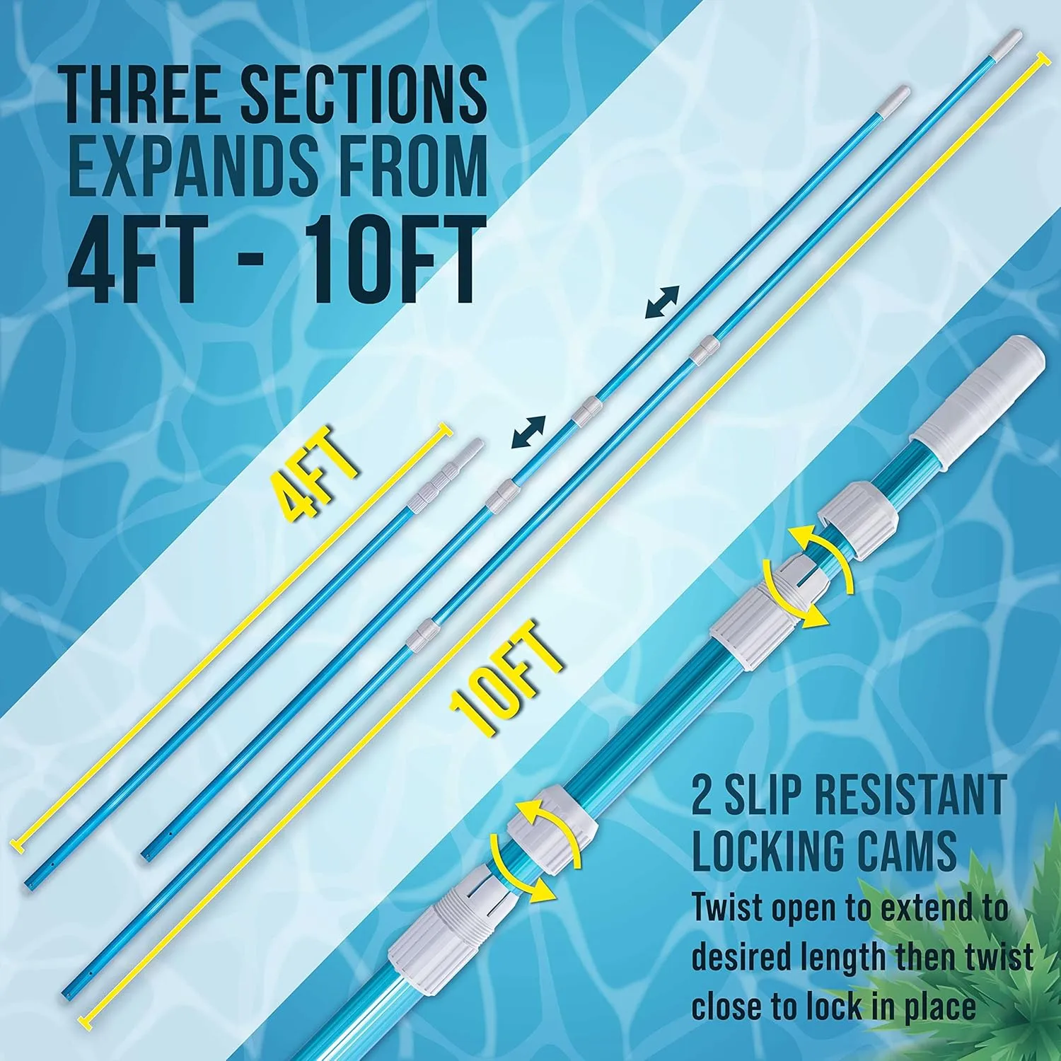 U.S. Pool Supply 10 Foot Swimming Pool Pole Telescopic - Aluminum Pool Skimmer Pole Net, Rake, Brush, Vacuum Head Handle, Attach Cleaning Equipment Accessories, Adjustable 3 Piece Expandable Extension