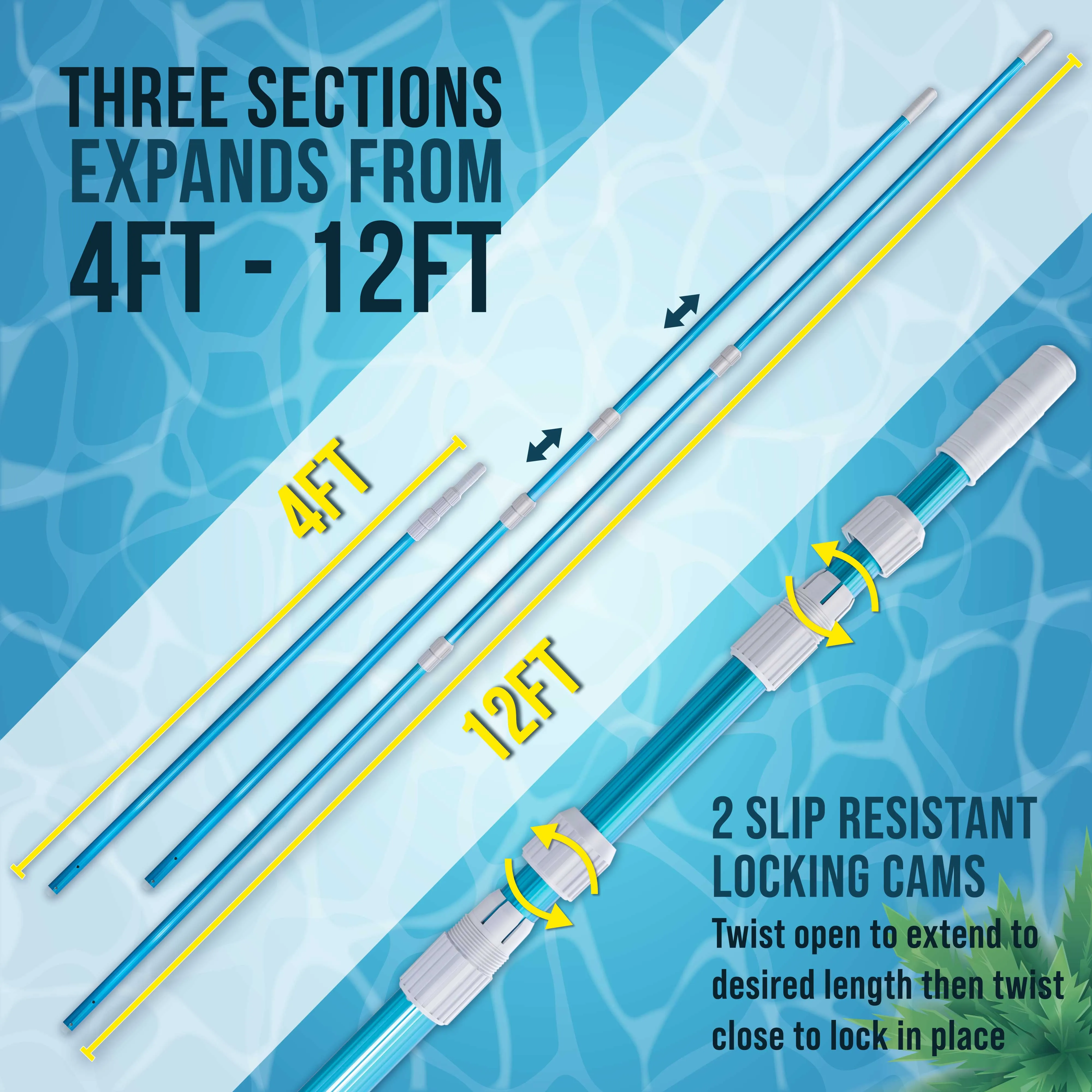 U.S. Pool Supply® 12 Foot Blue Anodized Aluminum Telescopic Swimming Pool Pole, Adjustable 3 Piece Expandable Step-Up - Attach Connect Skimmer Nets, Rakes, Brushes